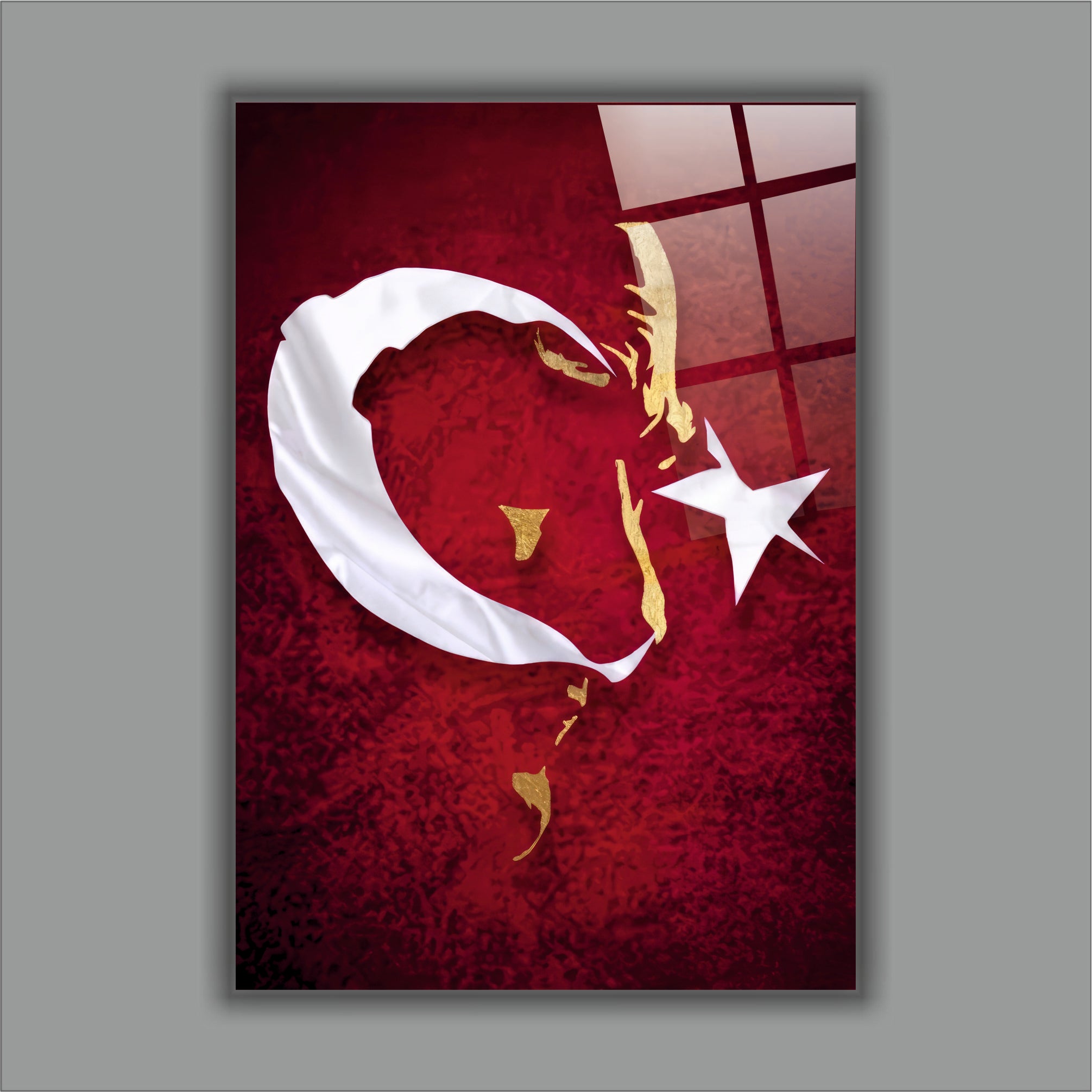 ATA-180 Atatürk Cam Tablo Altın Silüet ve Türk Bayrağı Özel Tasarım Dekoru