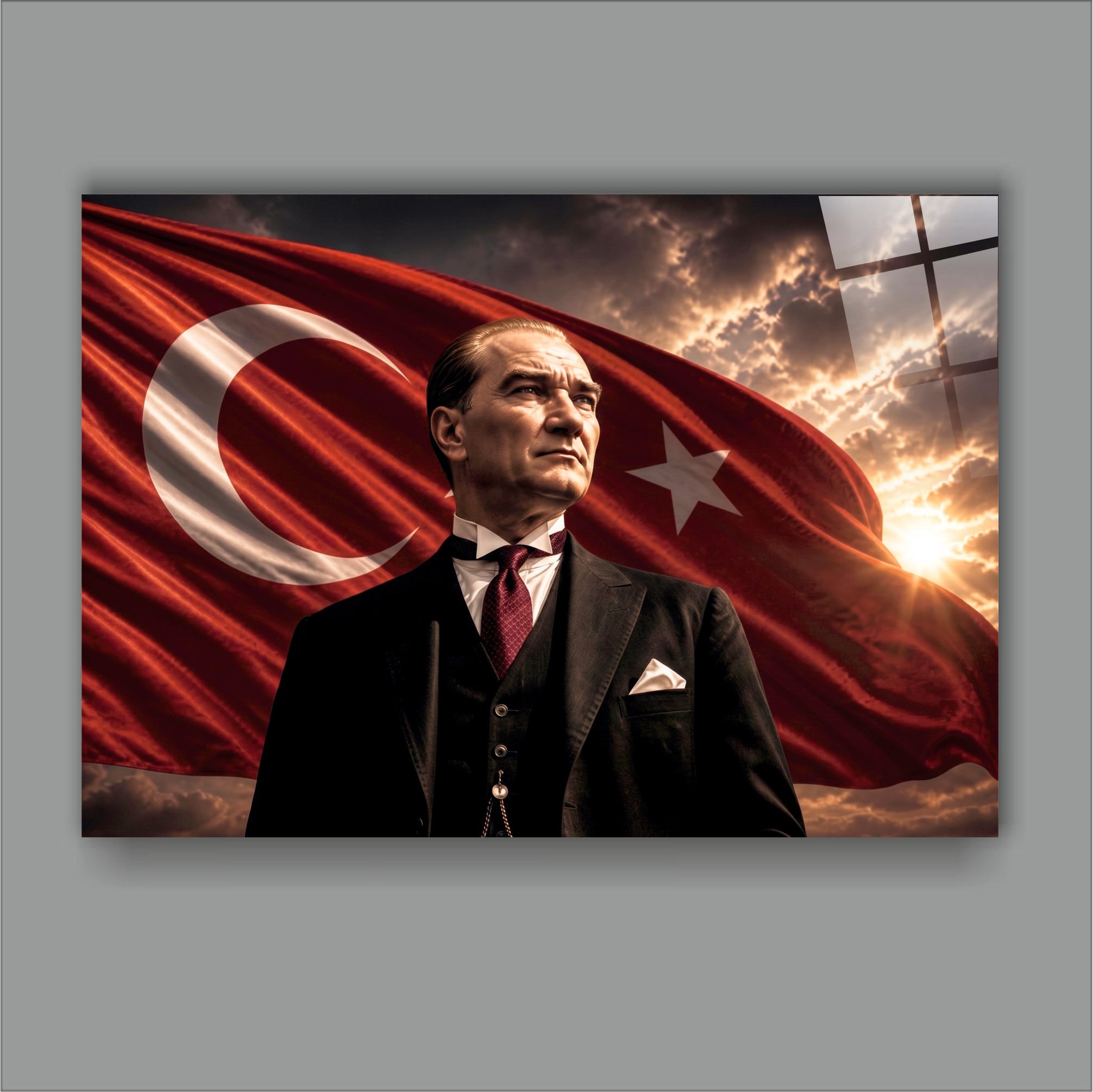 ATA-186 Atatürk Cam Tablo Türk Bayrağı Önünde Güçlü Lider Portresi Tasarımı