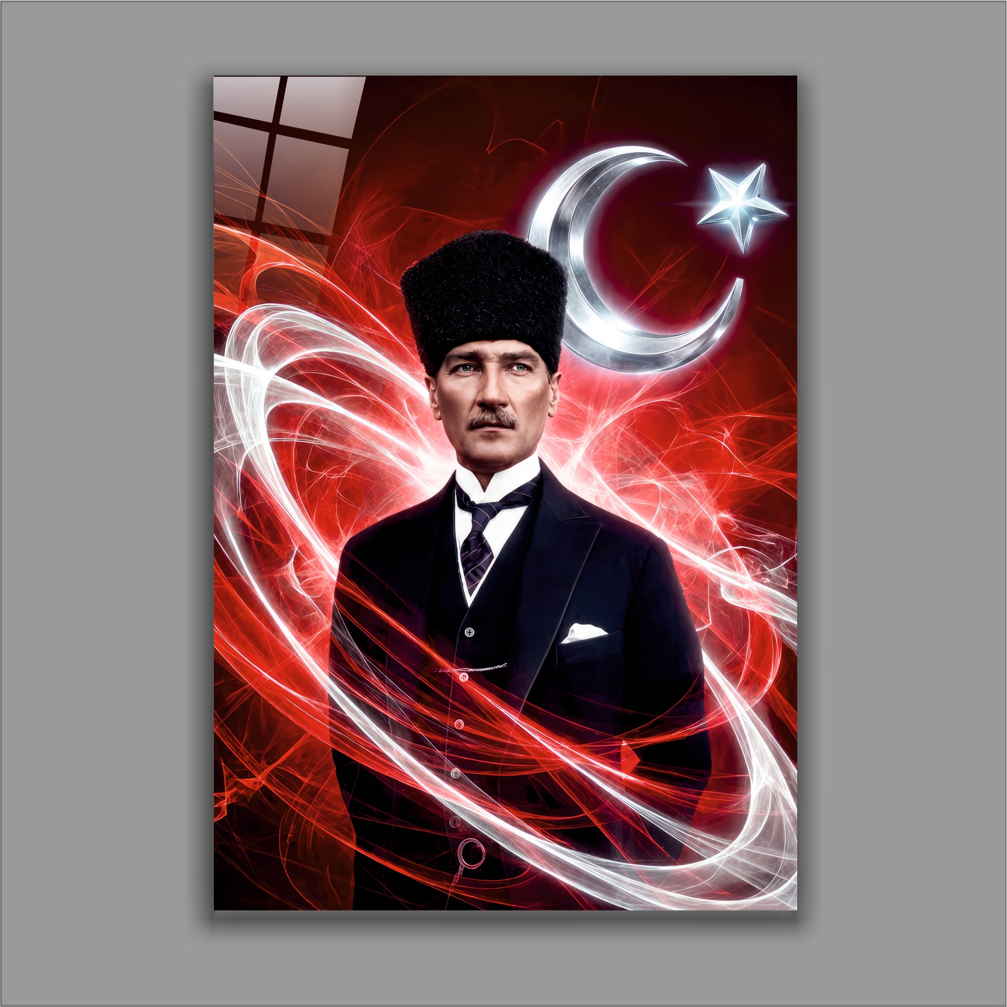 ATA-190 Atatürk Cam Tablo Modern Kırmızı Hilal Yıldız Kalpaklı Özel Tasarım