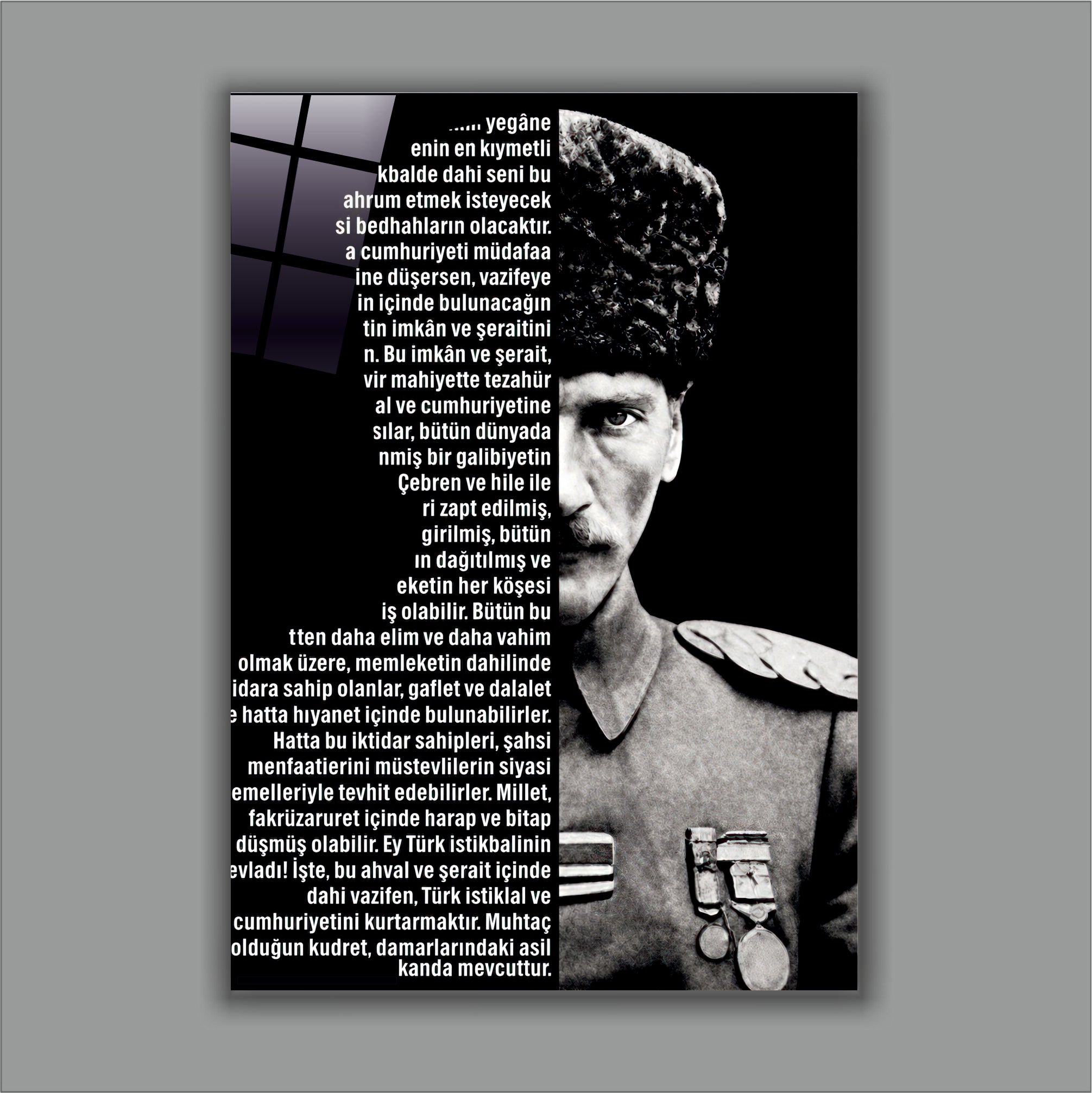 ATA-191 Atatürk Cam Tablo Gençliğe Hitabe Kalpaklı Siyah Beyaz Özel Tasarım
