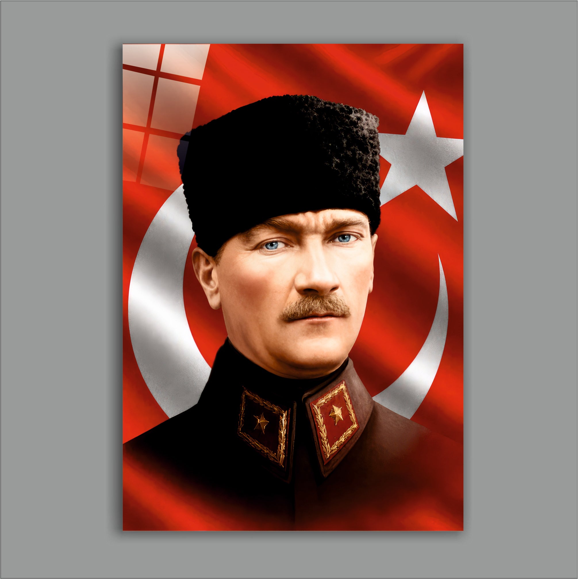 ATA-195 Atatürk Cam Tablo Kalpaklı Portre Türk Bayrağı Özel Tasarımı