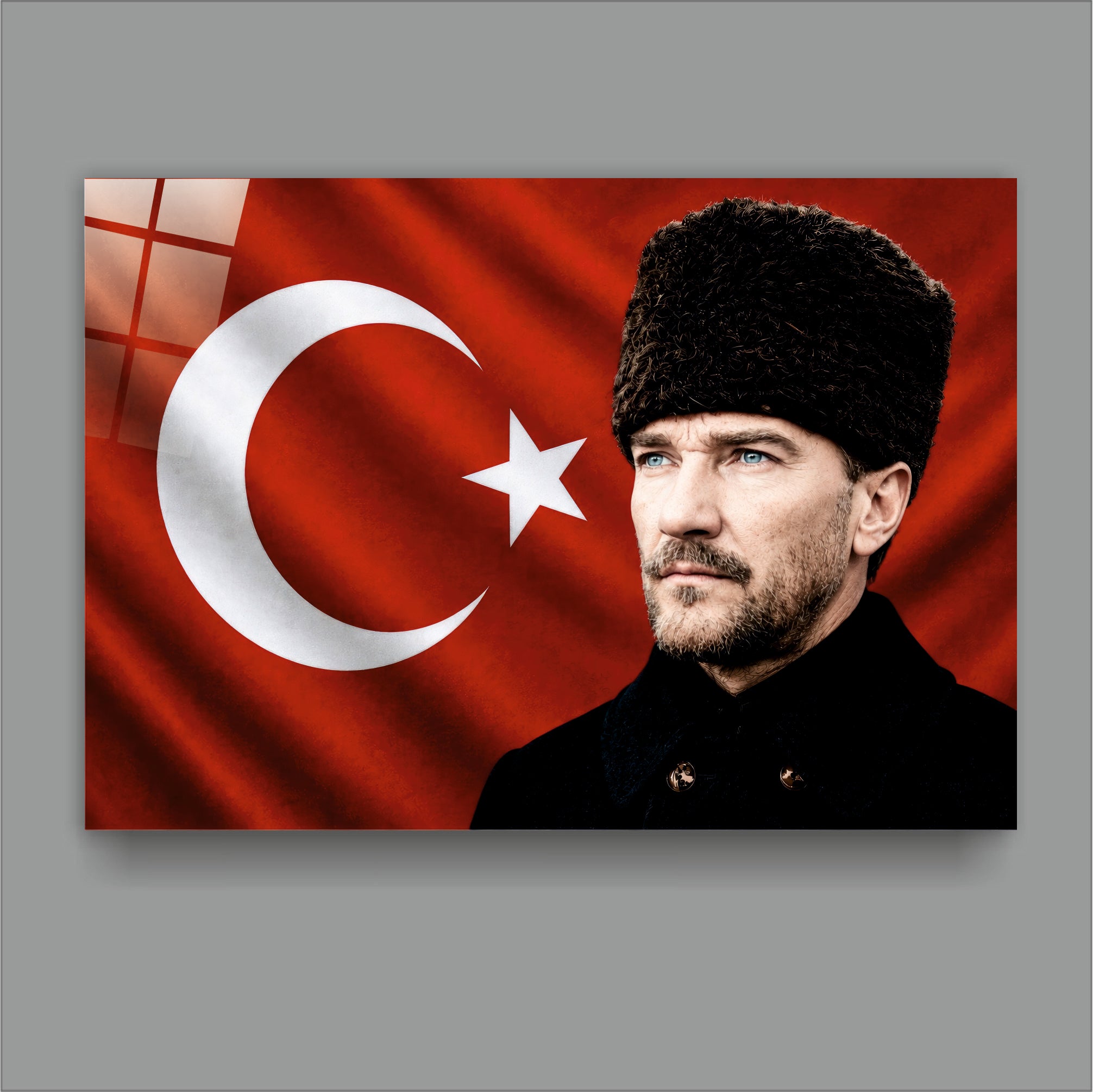 ATA-196 Atatürk Cam Tablo Kalpaklı Portre Türk Bayrağı Modern Tasarımı