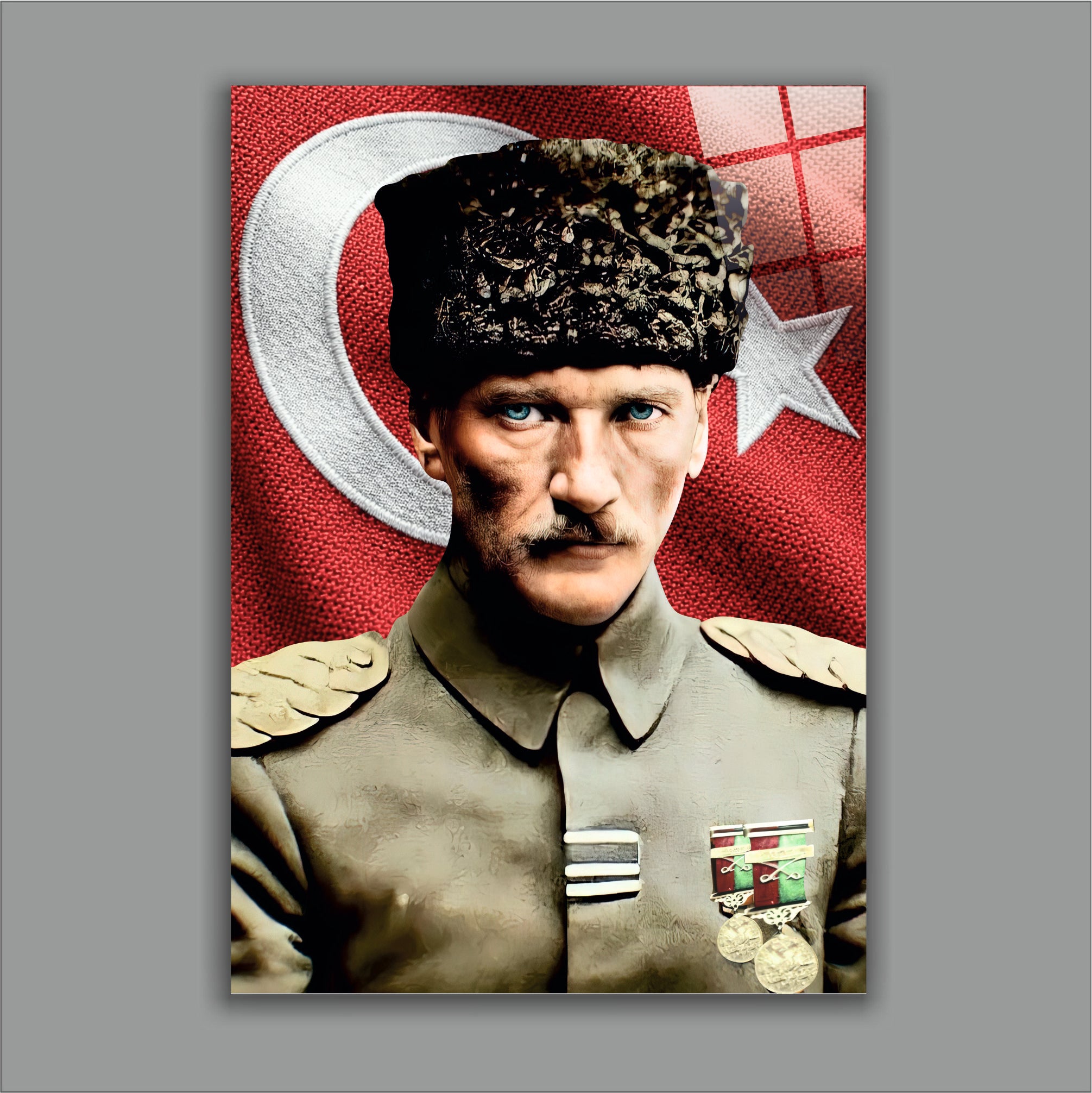 ATA-198 Atatürk Cam Tablo Kalpaklı Askeri Portre Bayrak Tasarımı