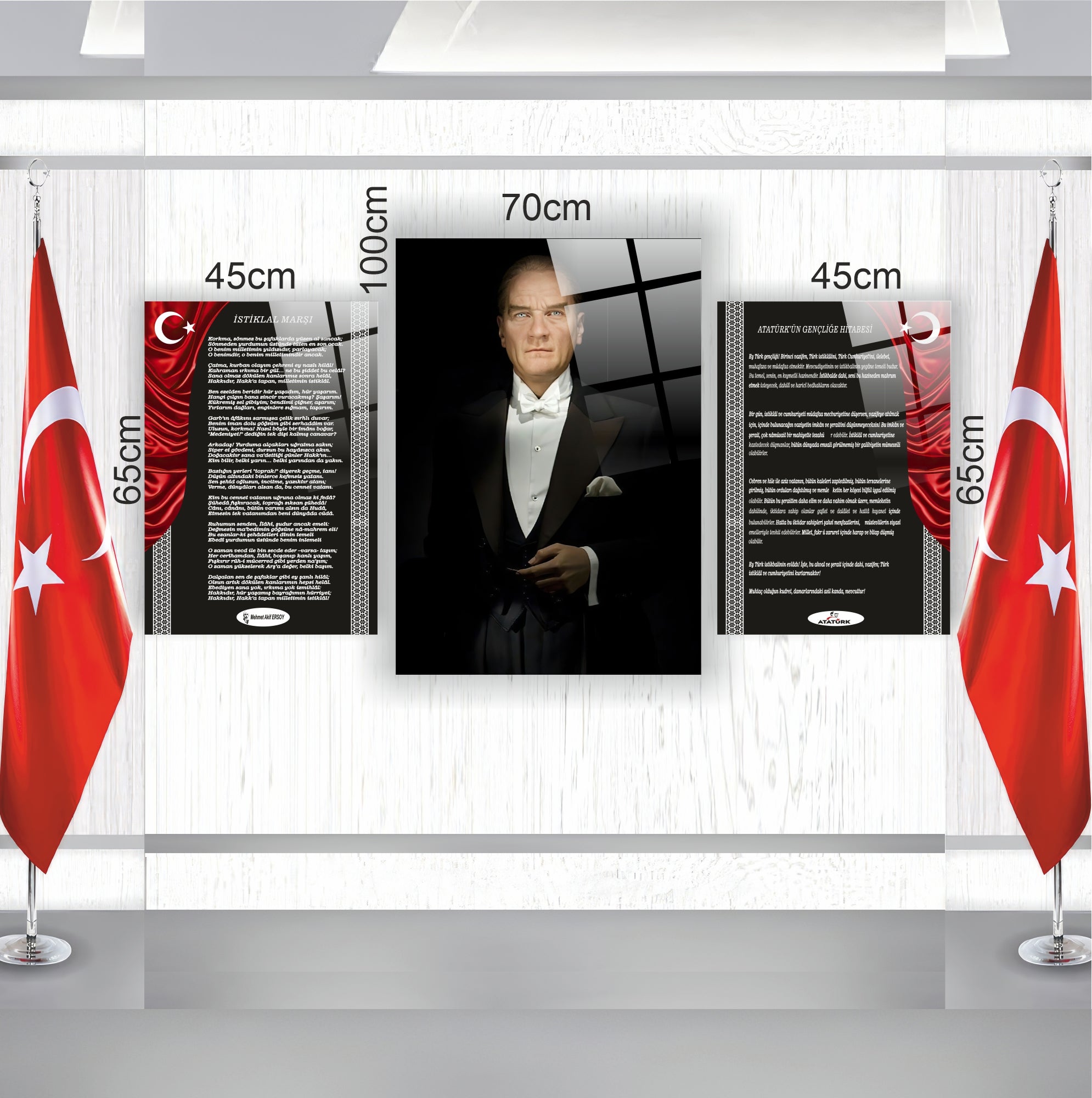 Kurumsal Atatürk Köşesi 3'lü Cam Tablo Seti - 70x100 cm 45x65 Ölçülü Prestij Serisi