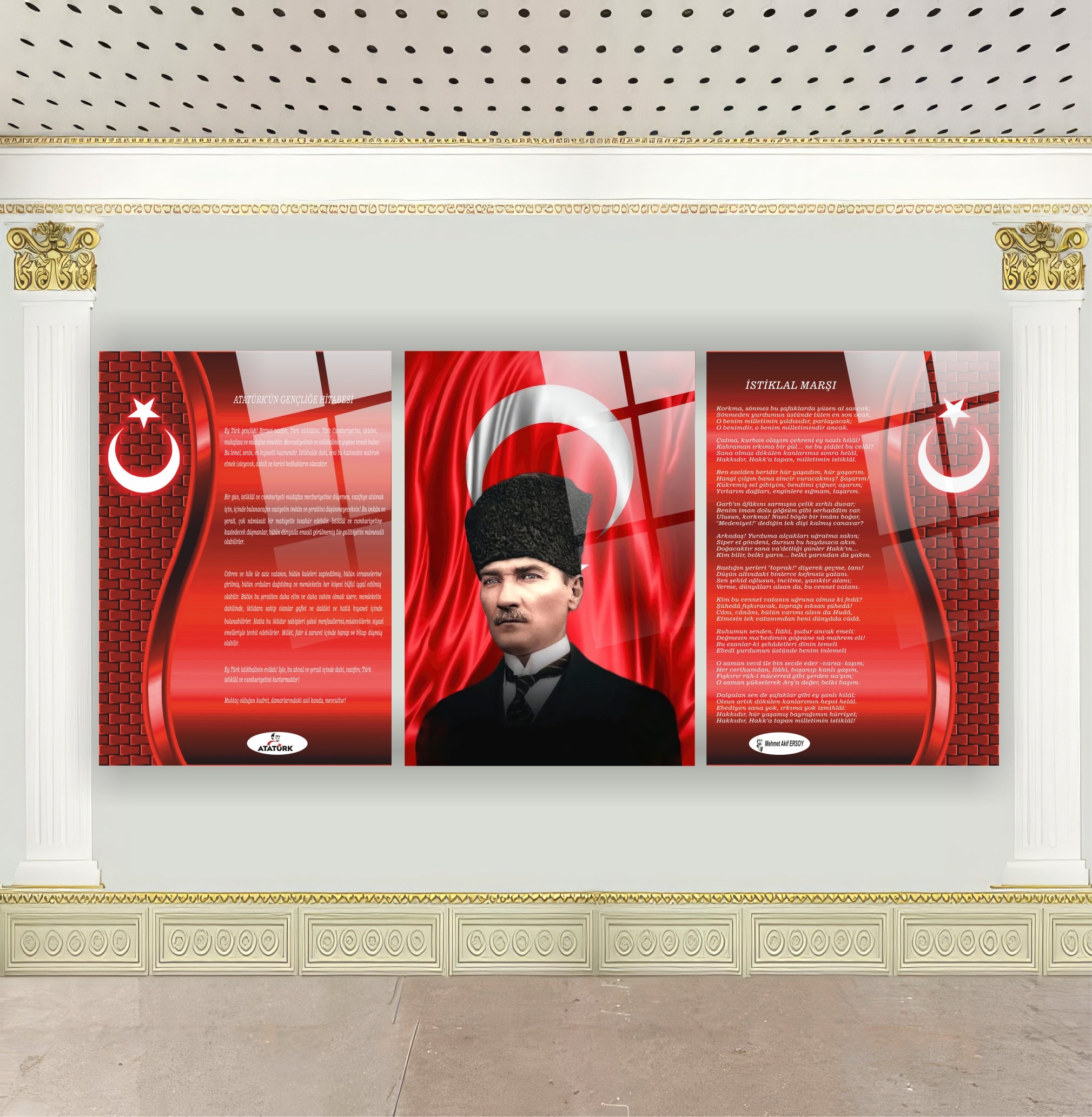 Modern Atatürk Köşesi 3'lü Cam Tablo Seti - Dalgalı Bayrak ve Tuğla Desenli Özel Seri