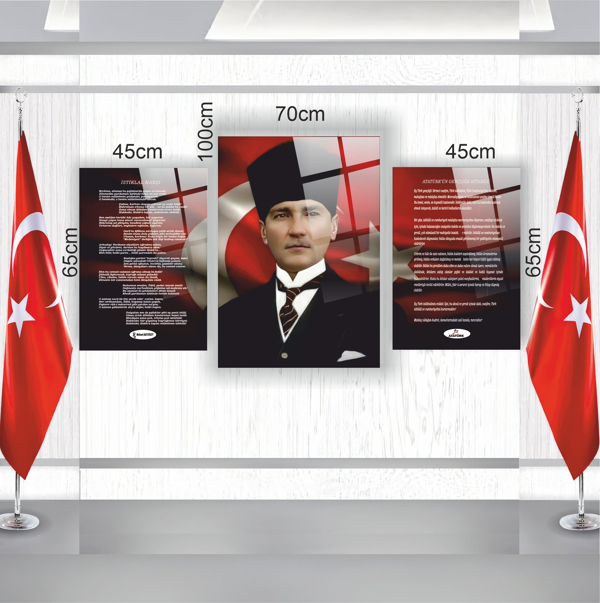 Atatürk Köşesi 3'lü Cam Tablo Seti - Portre, İstiklal Marşı ve Gençliğe Hitabe