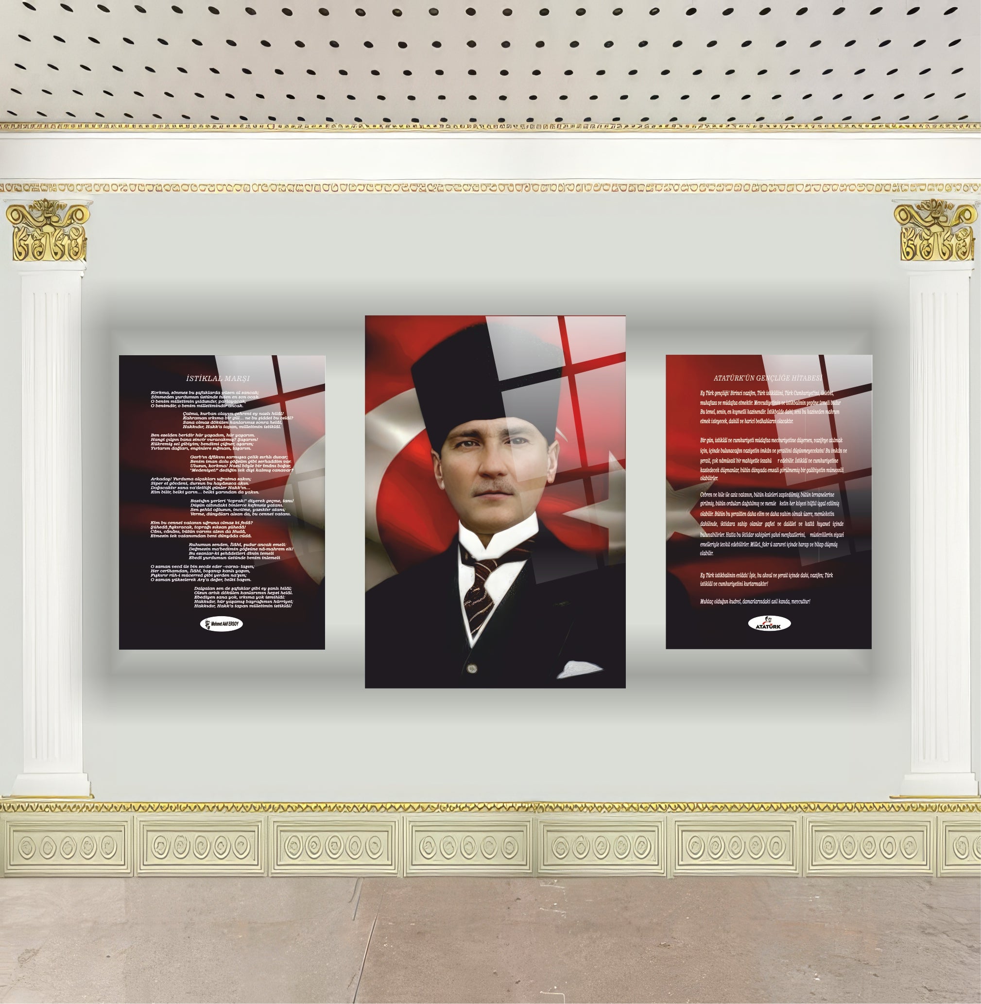Atatürk Köşesi 3'lü Cam Tablo Seti - Portre, İstiklal Marşı ve Gençliğe Hitabe