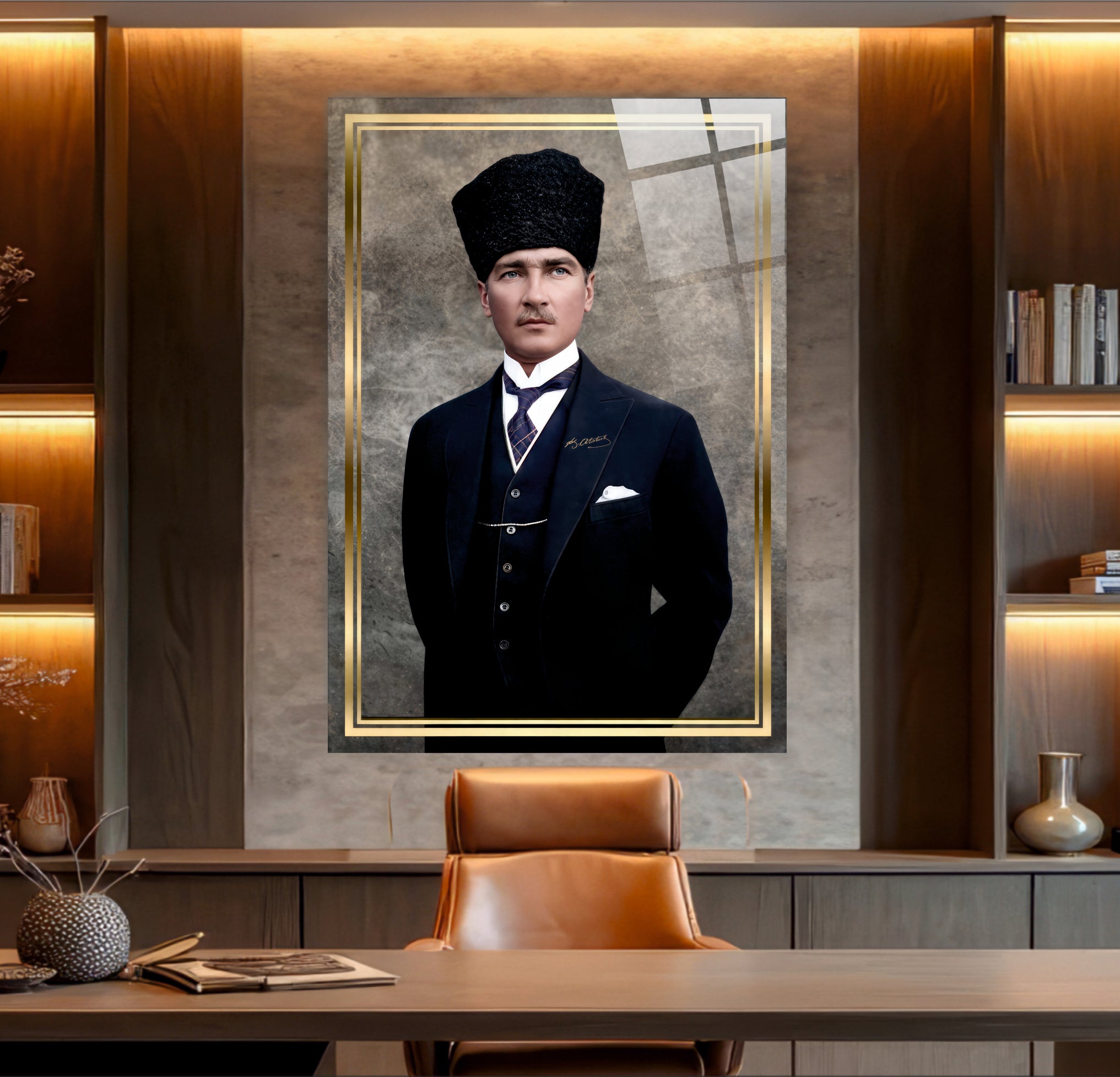ATA-163 Atatürk Cam Tablo Kalpaklı Gold Çerçeveli Asil Portre Özel Tasarımı