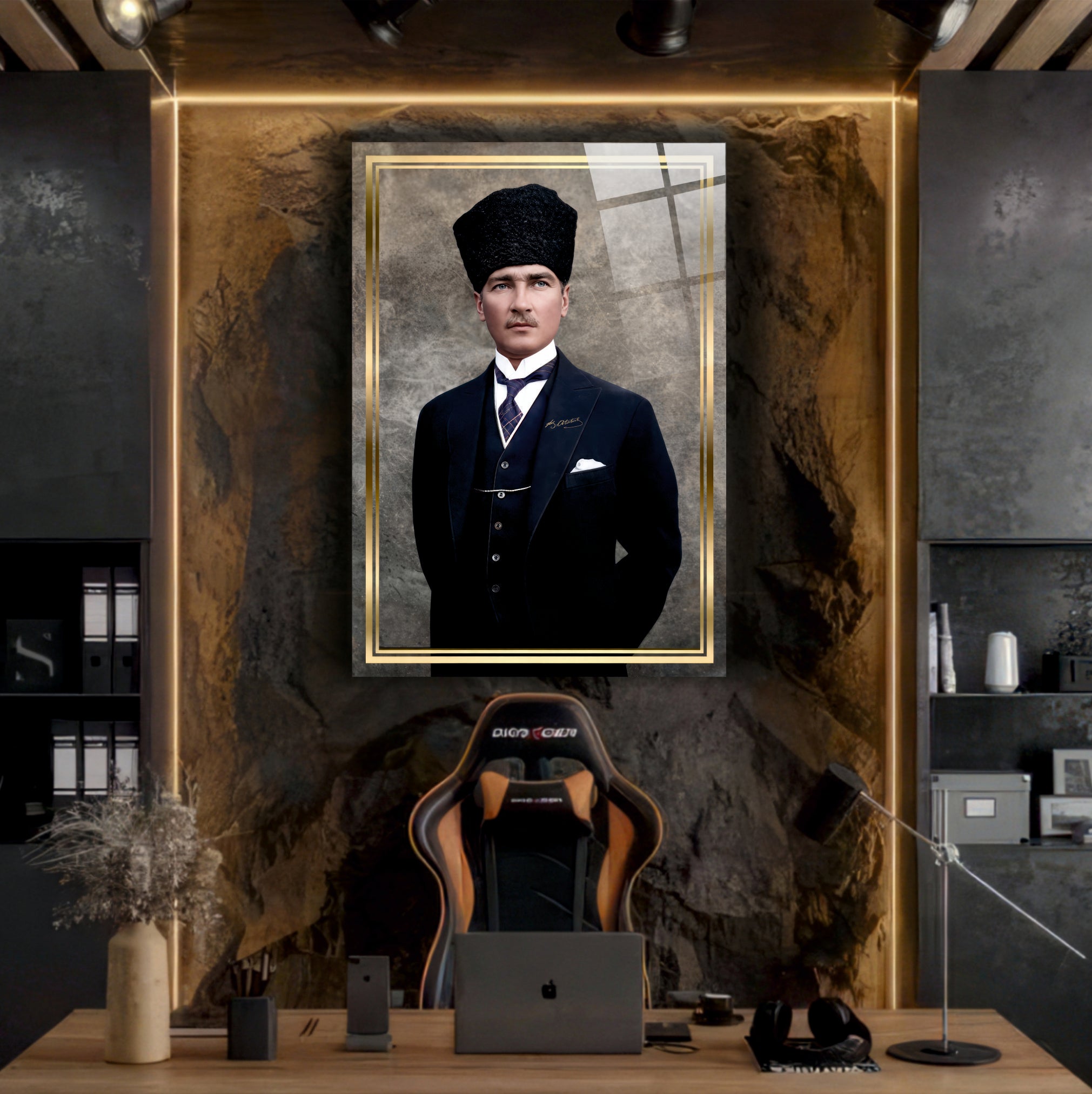 ATA-163 Atatürk Cam Tablo Kalpaklı Gold Çerçeveli Asil Portre Özel Tasarımı