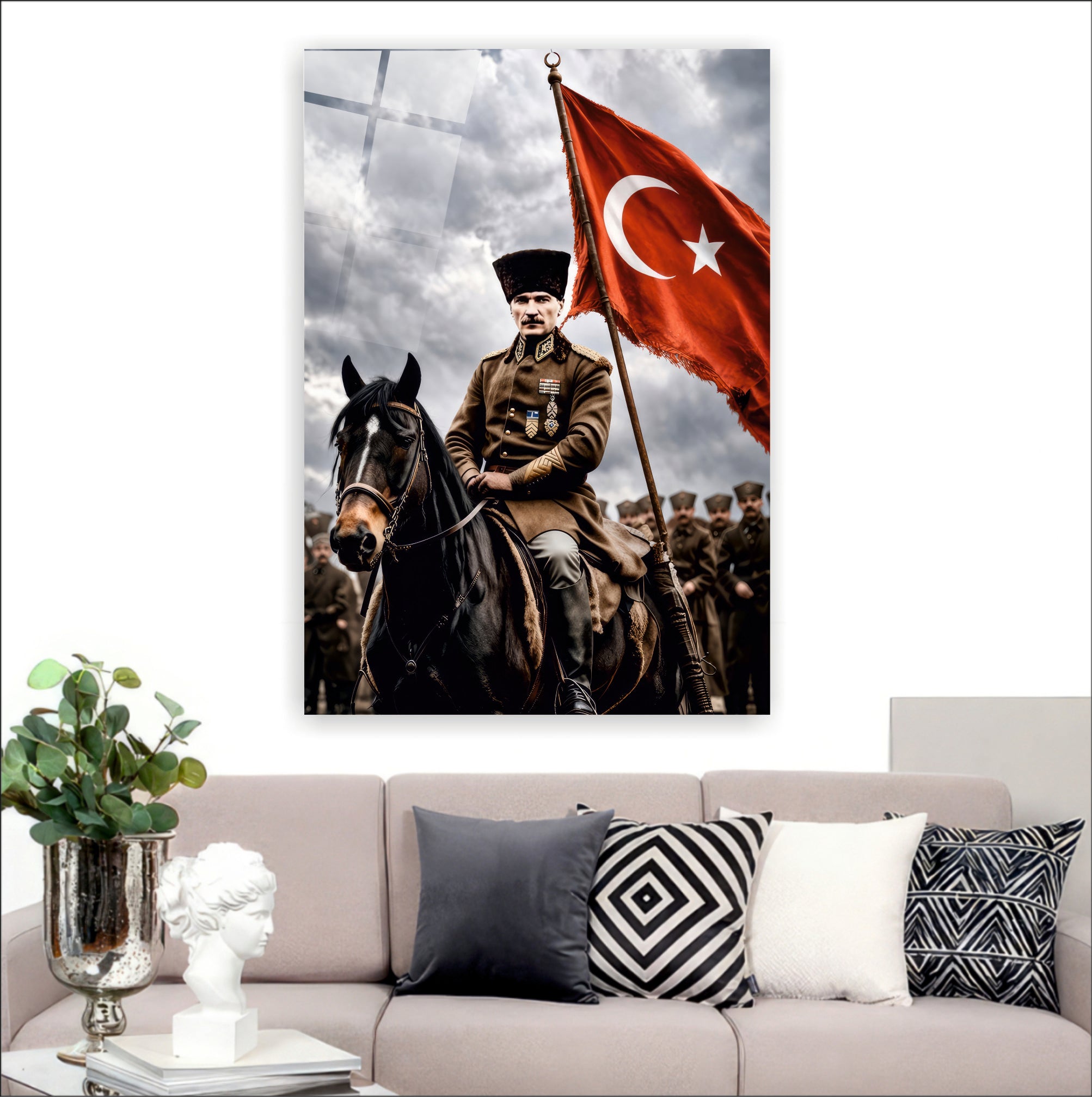 ATA-166 Atatürk Cam Tablo Atlı Mareşal Türk Bayraklı Özel Portre Tasarımı