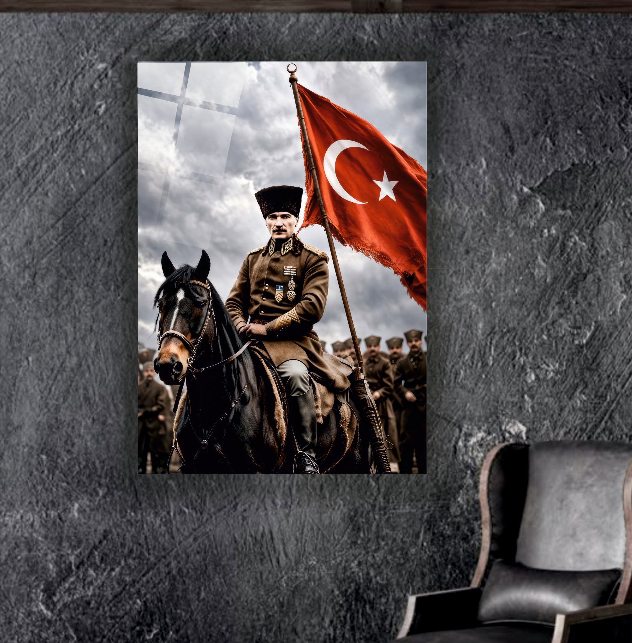 ATA-166 Atatürk Cam Tablo Atlı Mareşal Türk Bayraklı Özel Portre Tasarımı