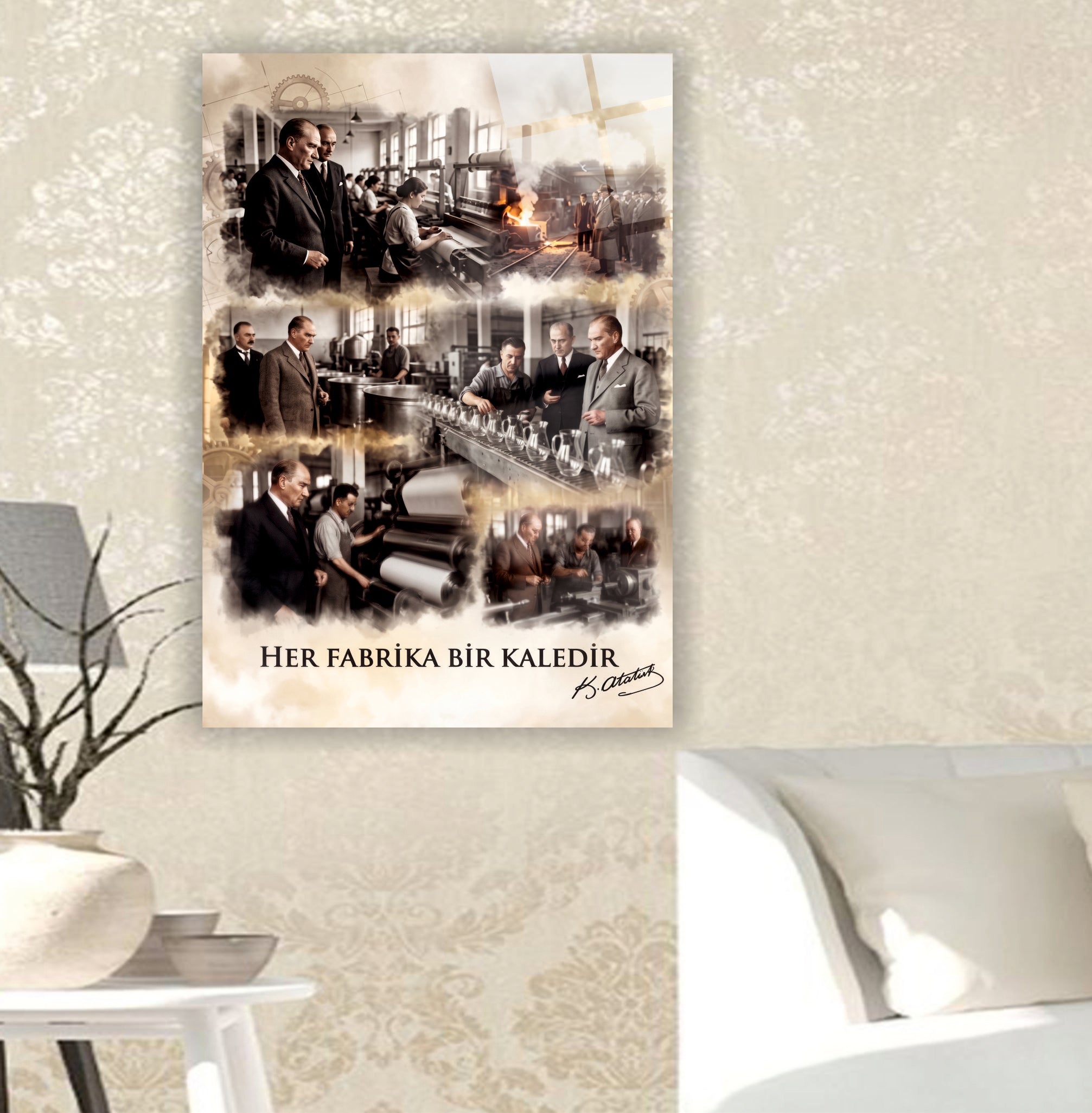 ATA-176 Atatürk Cam Tablo Her Fabrika Bir Kaledir Sanayi Temalı Tasarım