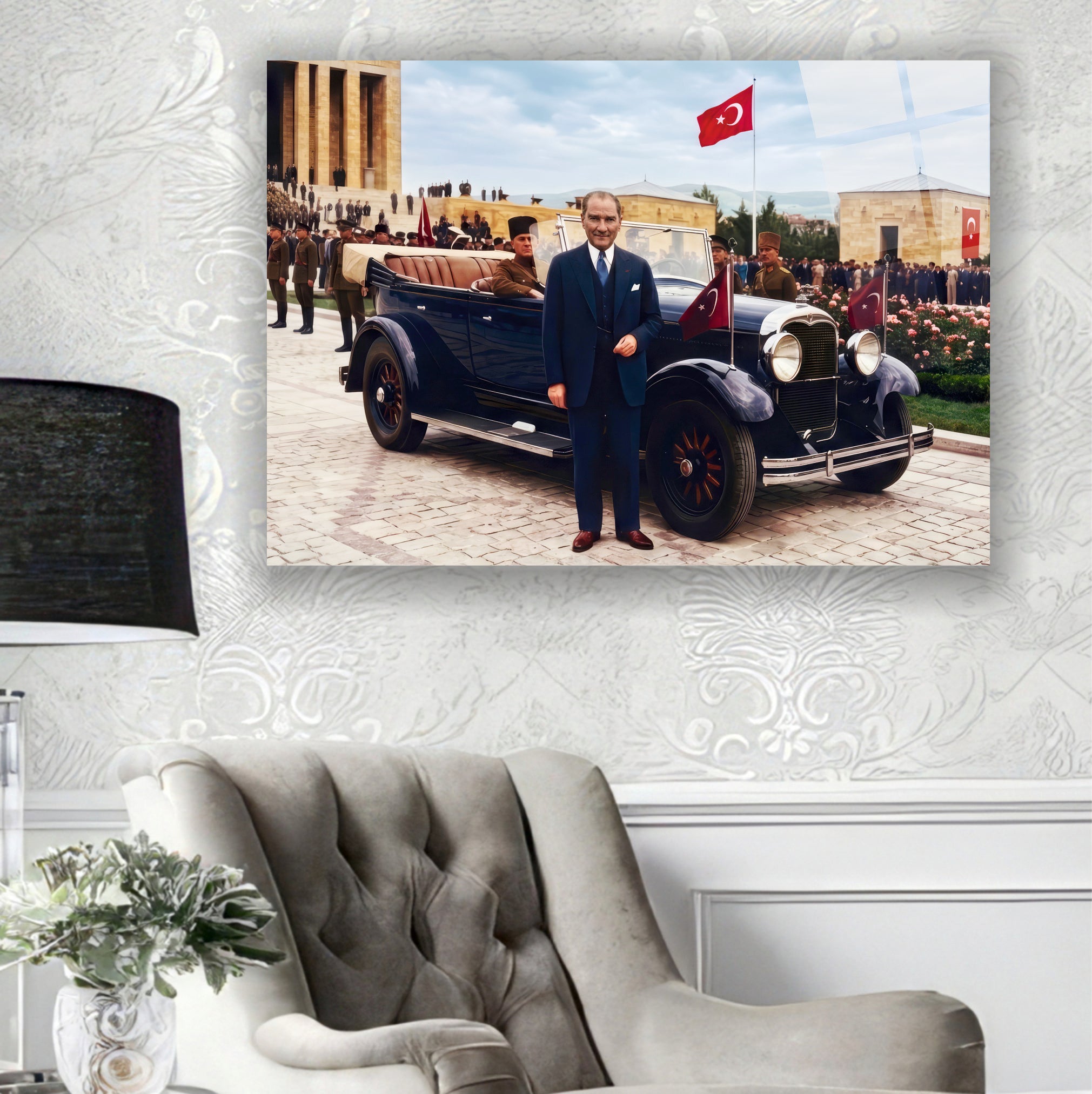 ATA-177 Atatürk Cam Tablo Klasik Otomobil ve Anıtkabir Özel Tasarım Dekoru
