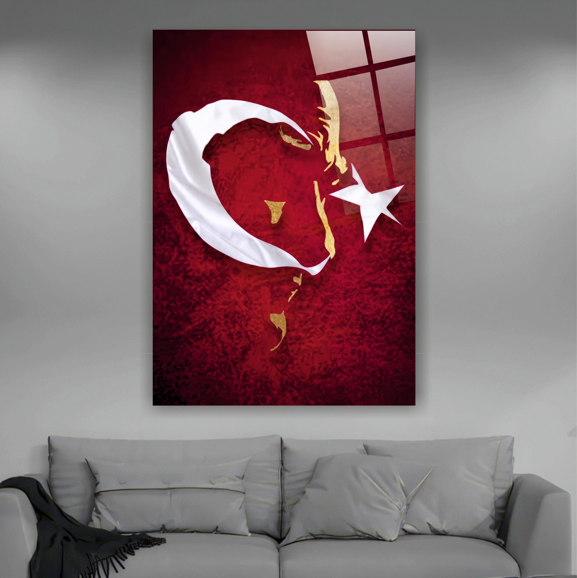 ATA-180 Atatürk Cam Tablo Altın Silüet ve Türk Bayrağı Özel Tasarım Dekoru