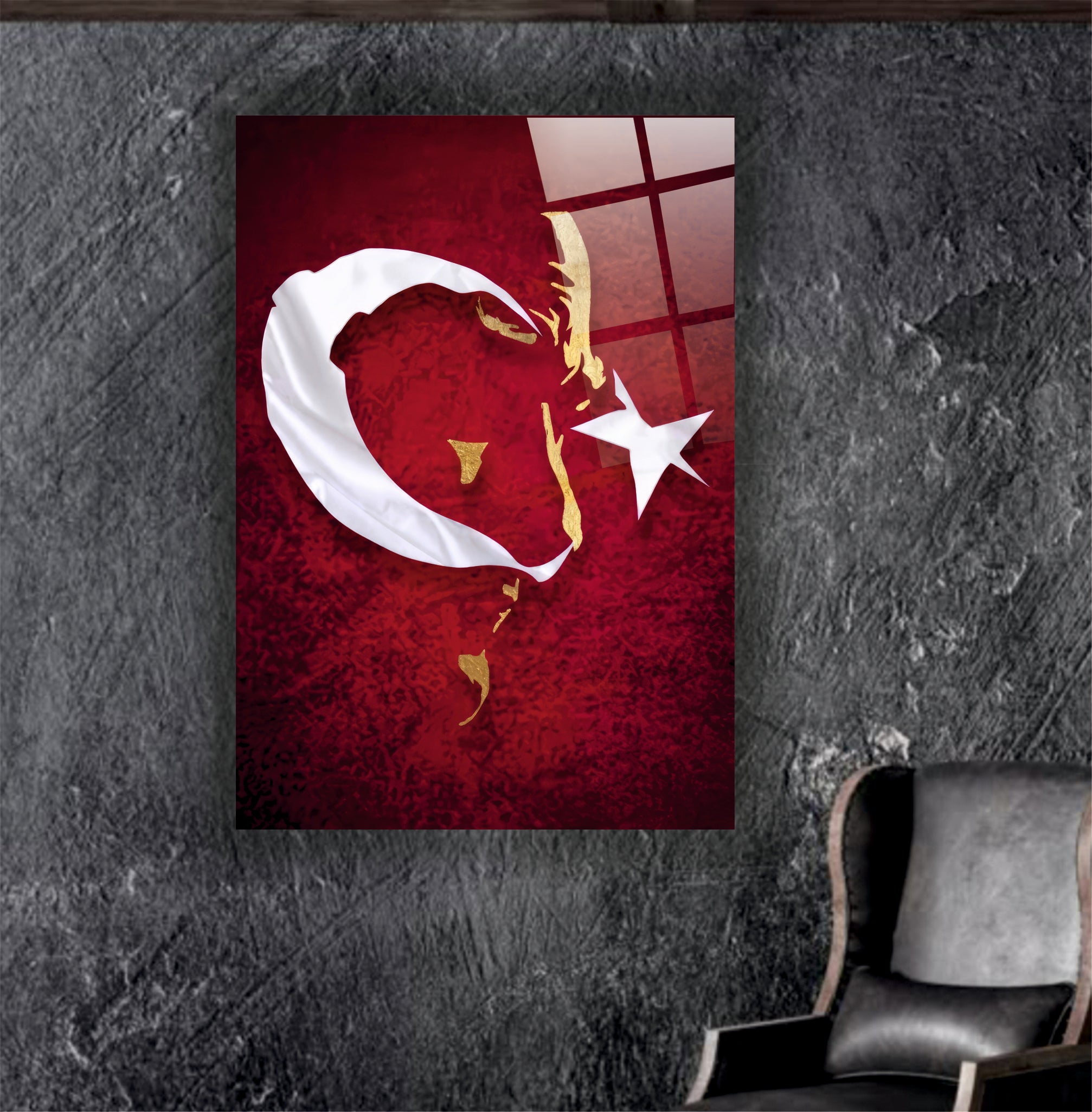 ATA-180 Atatürk Cam Tablo Altın Silüet ve Türk Bayrağı Özel Tasarım Dekoru