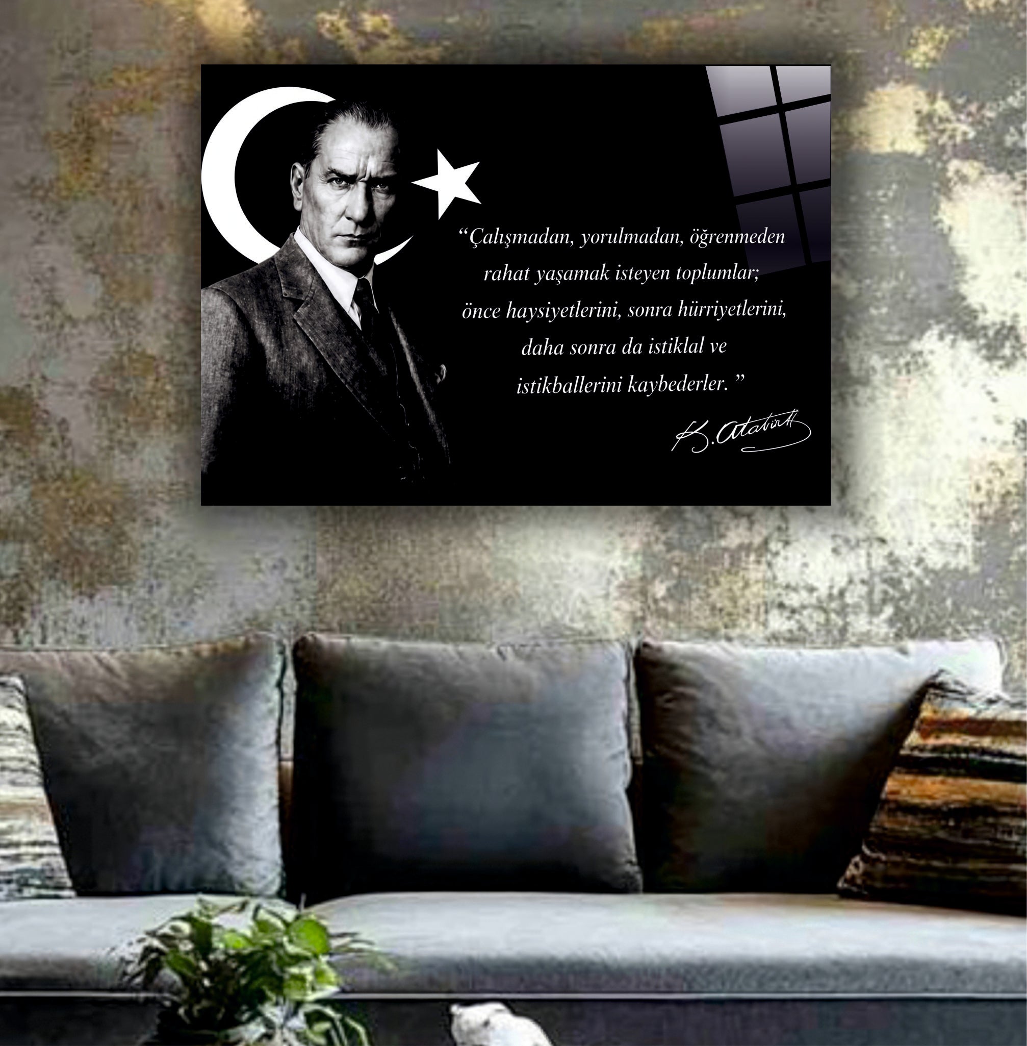 ATA-185 Atatürk Cam Tablo Çalışmadan Yorulmadan Öğrenmeden Anlamlı Sözü
