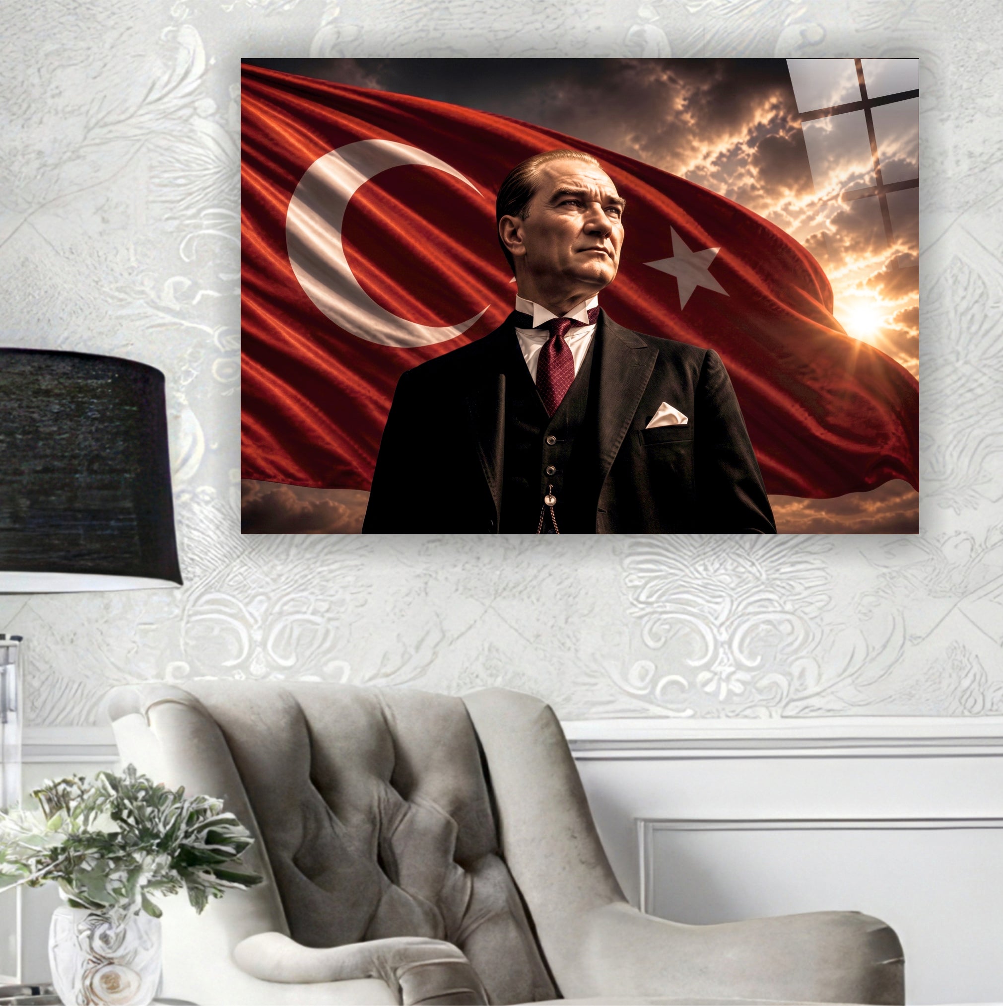 ATA-186 Atatürk Cam Tablo Türk Bayrağı Önünde Güçlü Lider Portresi Tasarımı