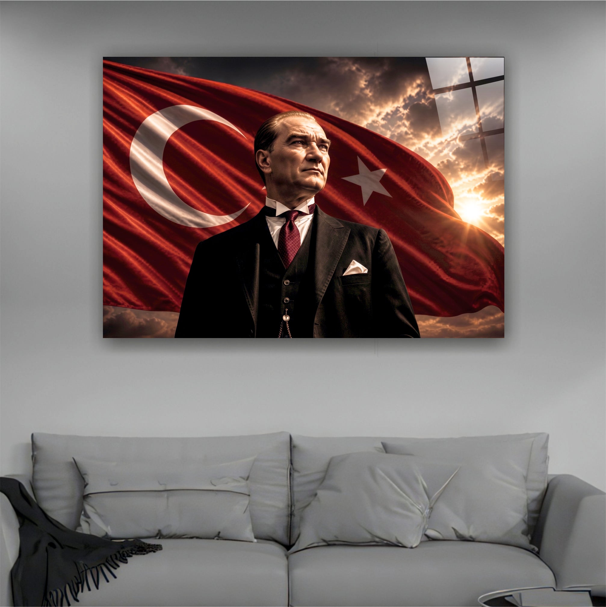 ATA-186 Atatürk Cam Tablo Türk Bayrağı Önünde Güçlü Lider Portresi Tasarımı