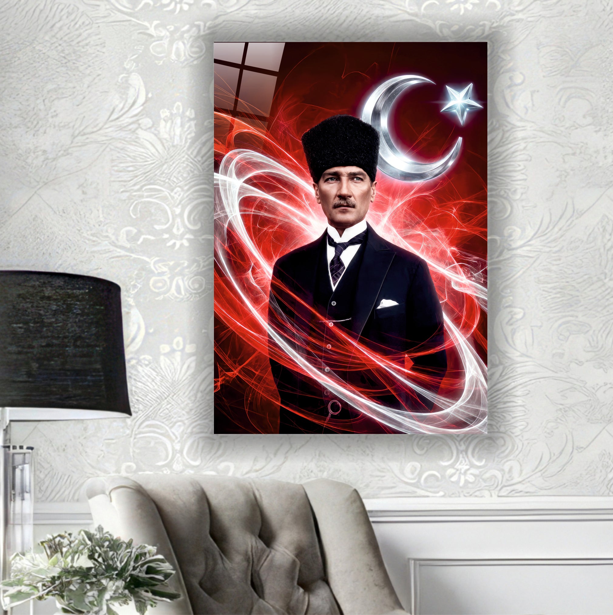 ATA-190 Atatürk Cam Tablo Modern Kırmızı Hilal Yıldız Kalpaklı Özel Tasarım