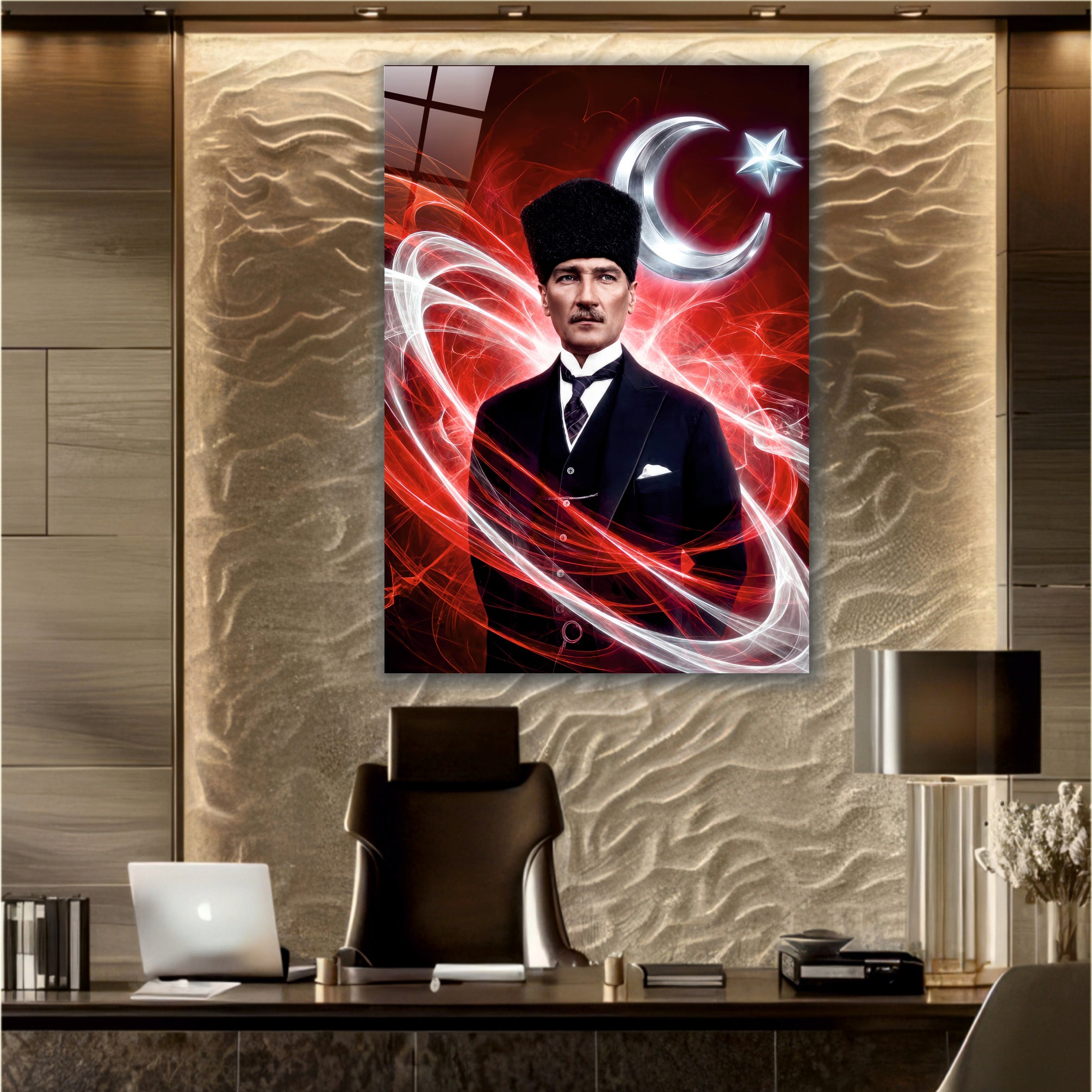 ATA-190 Atatürk Cam Tablo Modern Kırmızı Hilal Yıldız Kalpaklı Özel Tasarım
