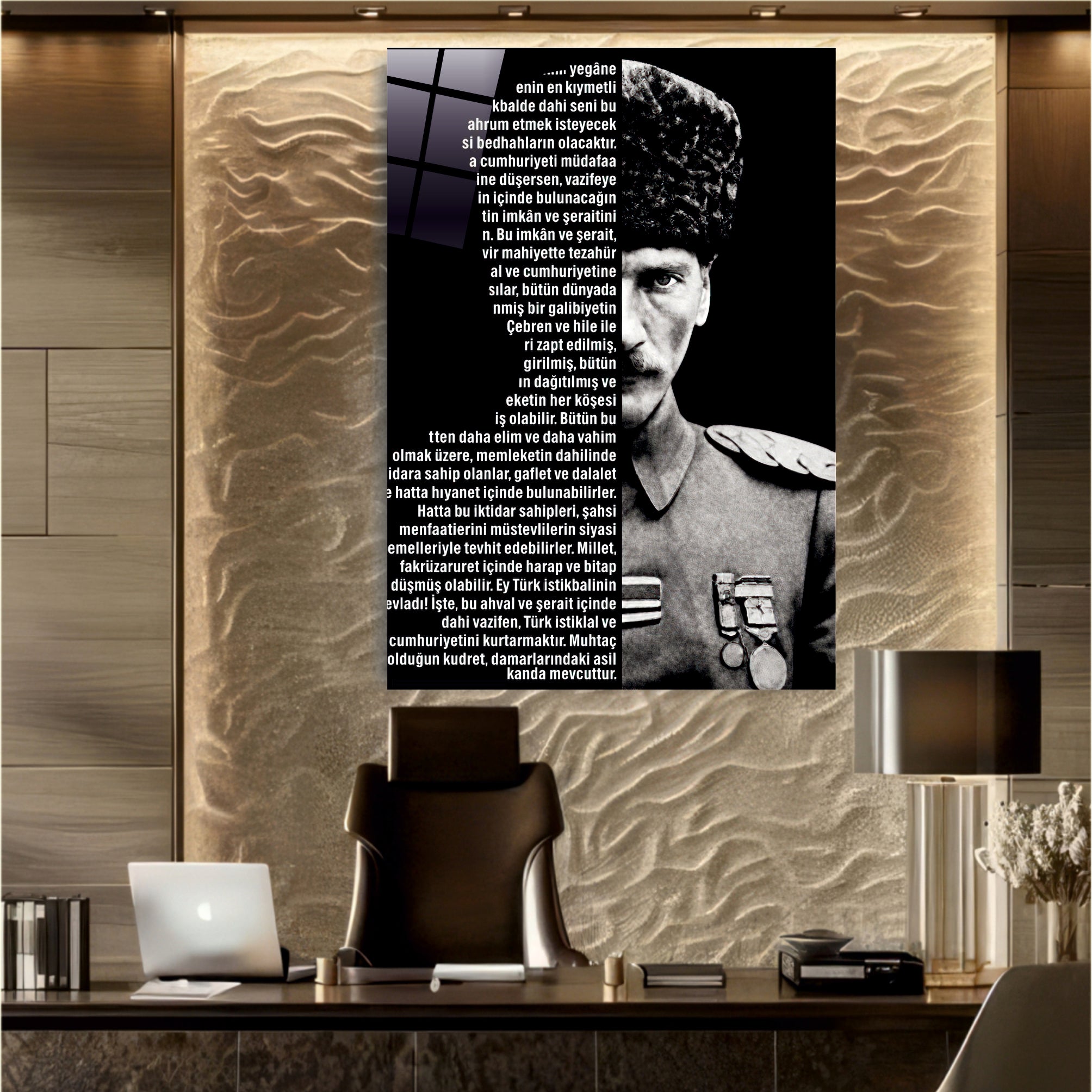 ATA-191 Atatürk Cam Tablo Gençliğe Hitabe Kalpaklı Siyah Beyaz Özel Tasarım