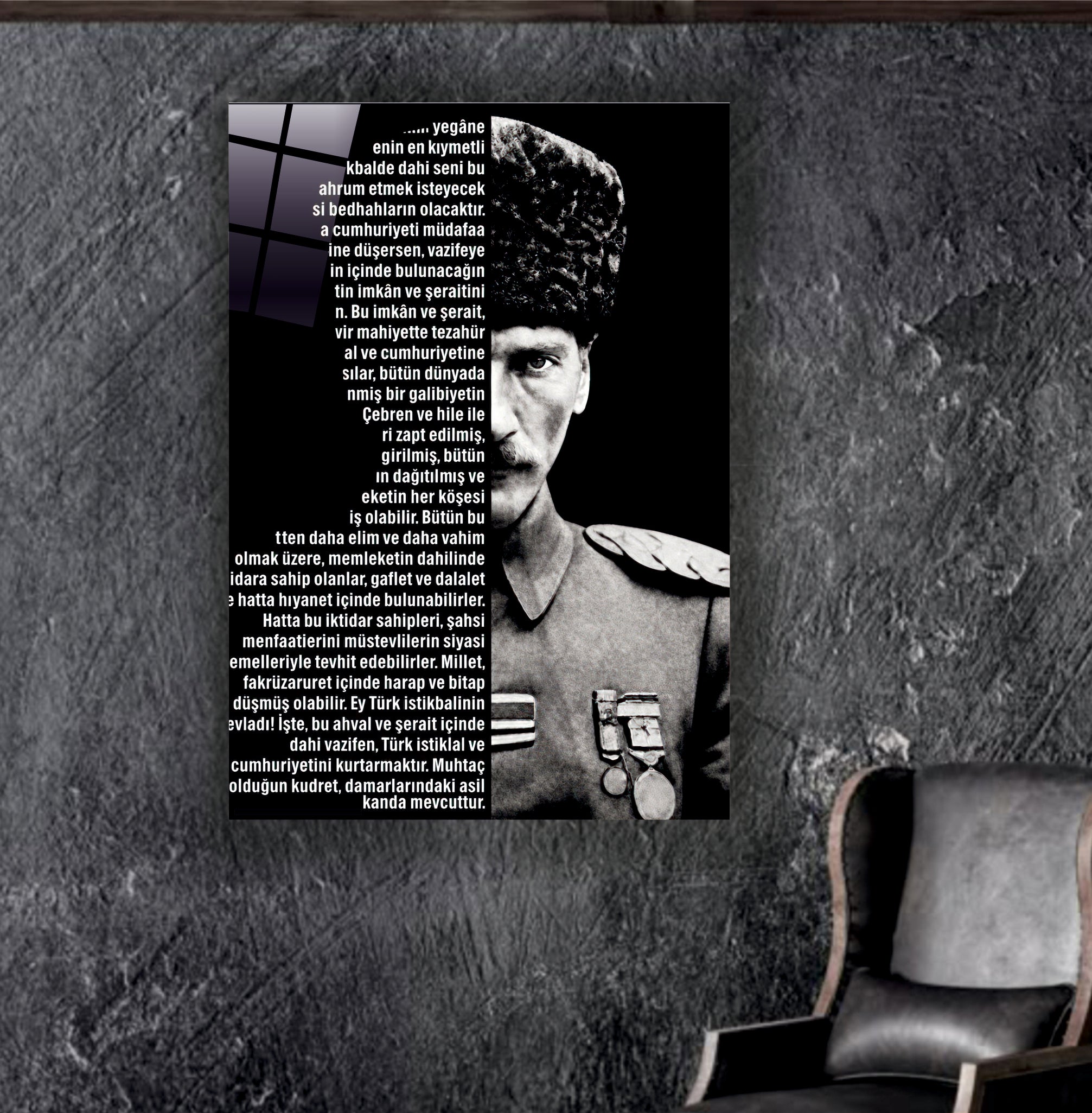 ATA-191 Atatürk Cam Tablo Gençliğe Hitabe Kalpaklı Siyah Beyaz Özel Tasarım