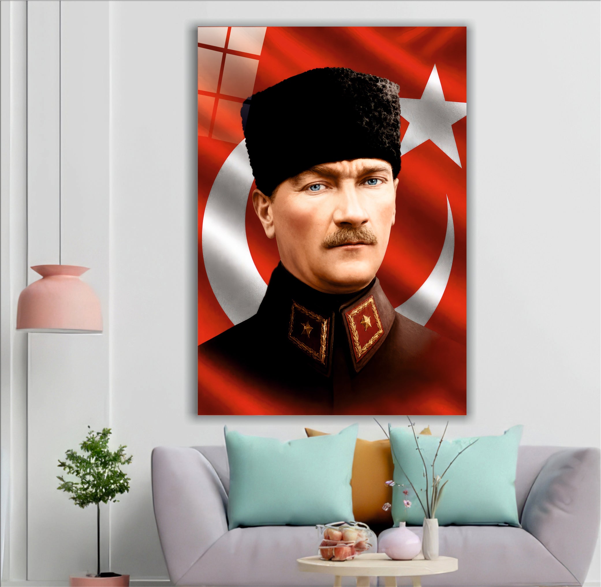 ATA-195 Atatürk Cam Tablo Kalpaklı Portre Türk Bayrağı Özel Tasarımı