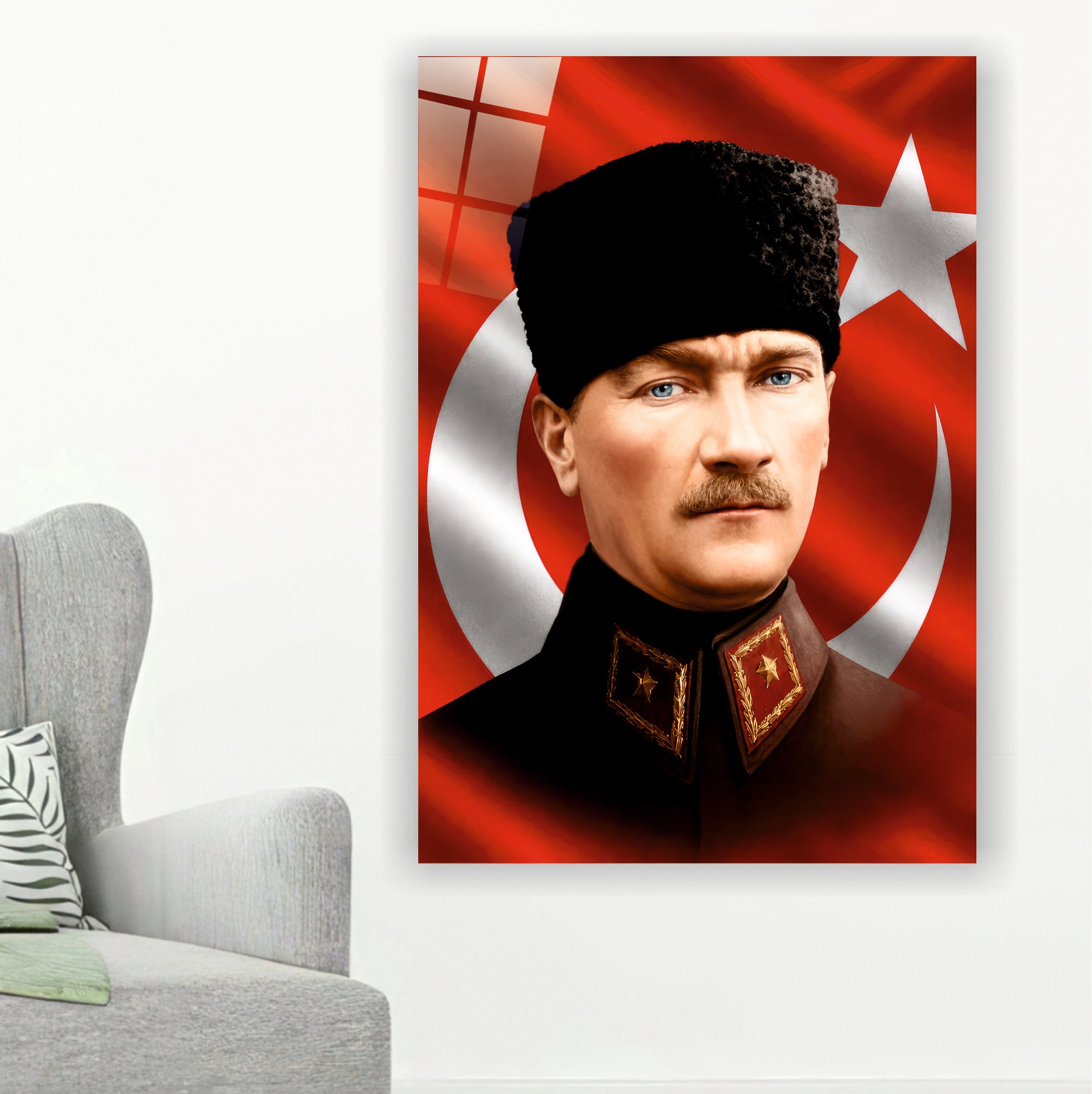 ATA-195 Atatürk Cam Tablo Kalpaklı Portre Türk Bayrağı Özel Tasarımı