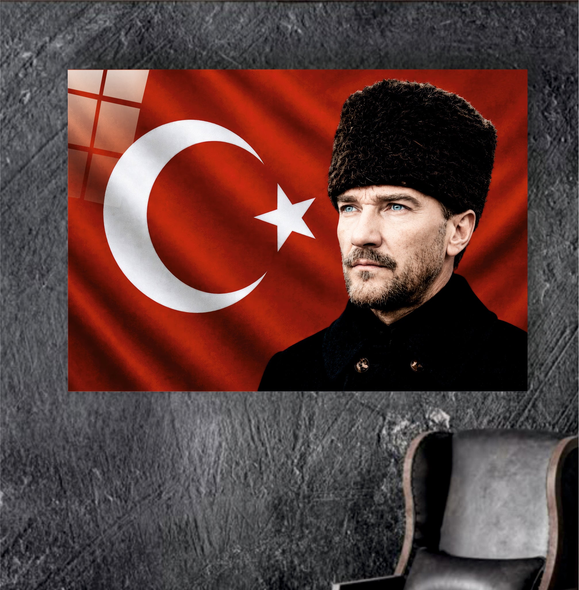 ATA-196 Atatürk Cam Tablo Kalpaklı Portre Türk Bayrağı Modern Tasarımı