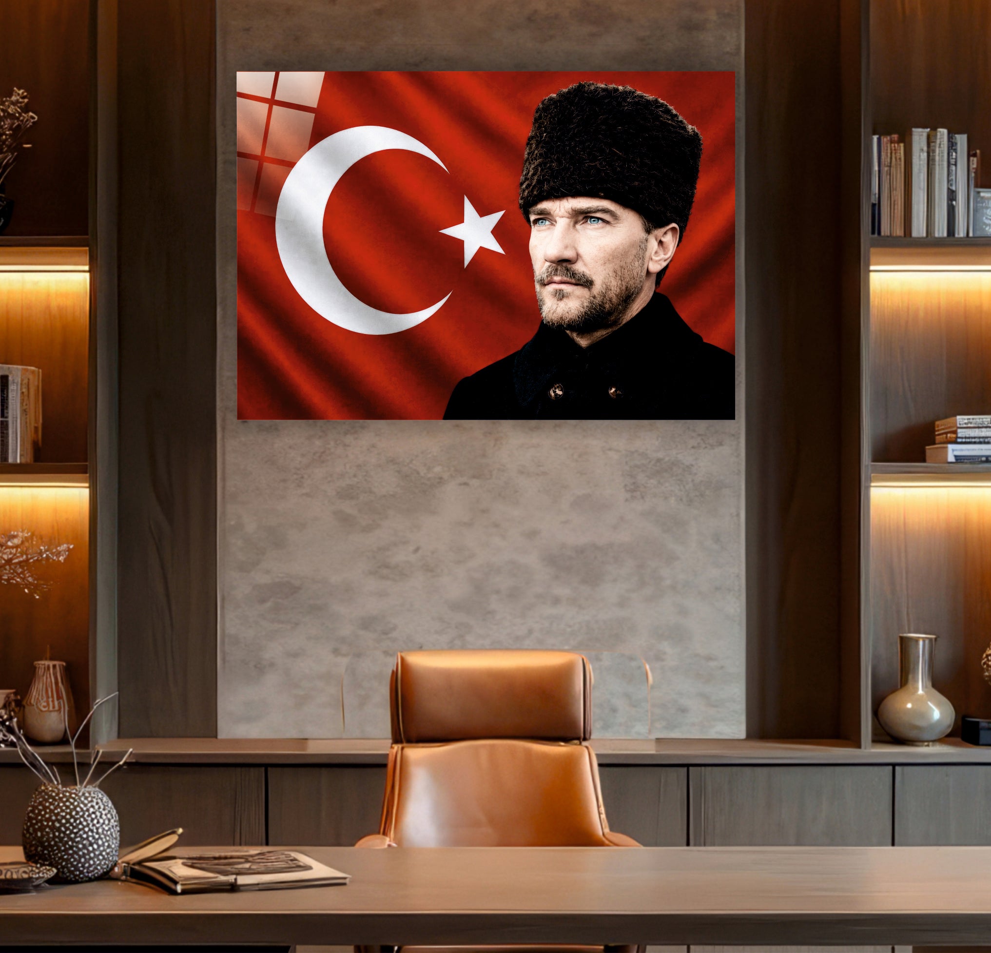 ATA-196 Atatürk Cam Tablo Kalpaklı Portre Türk Bayrağı Modern Tasarımı
