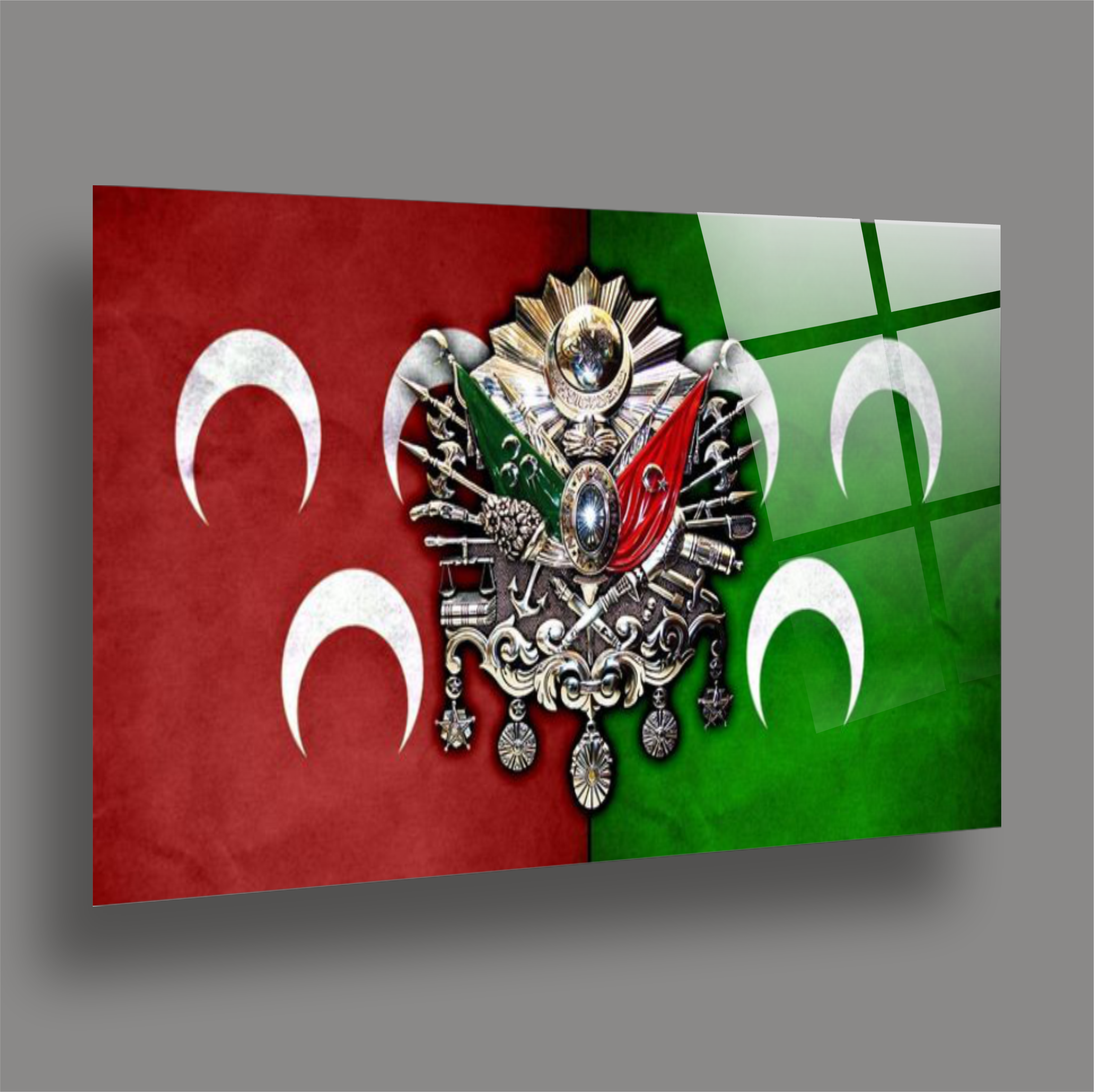 BAYRAK-10 Osmanlı Arması ve Bozkurt Sembollü Kırmızı Yeşil Tarihi Duvar Tasarımı