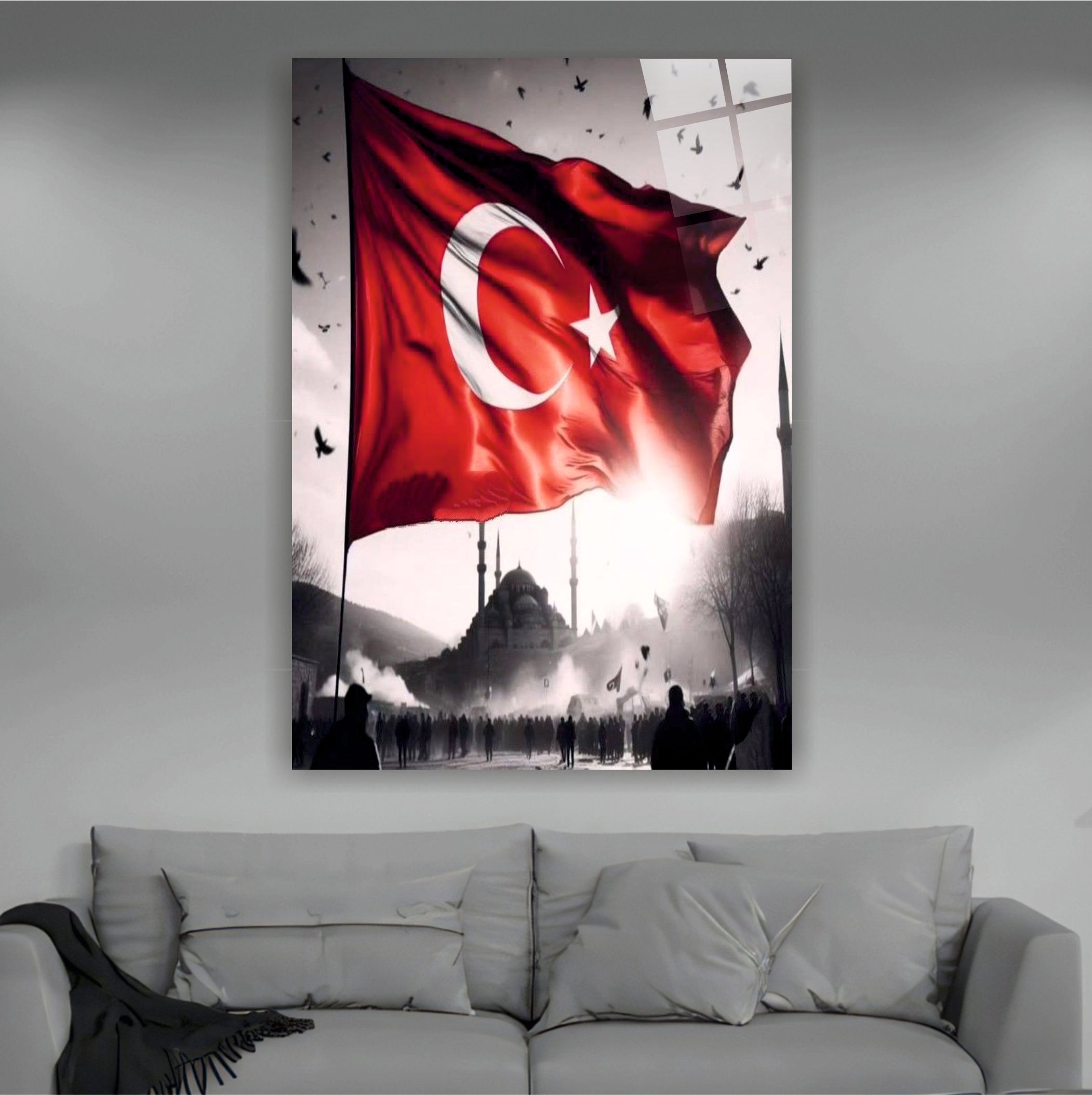 BAYRAK-14 Cami Silüeti Önünde Dalgalanan Türk Bayrağı Manzaralı Özel Duvar Tasarımı