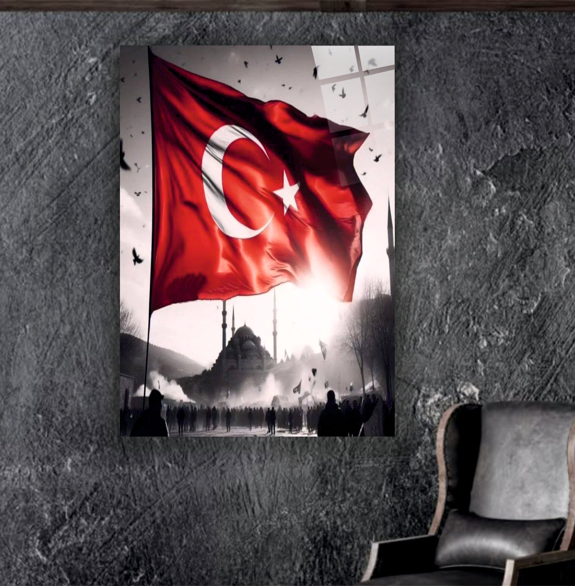 BAYRAK-14 Cami Silüeti Önünde Dalgalanan Türk Bayrağı Manzaralı Özel Duvar Tasarımı
