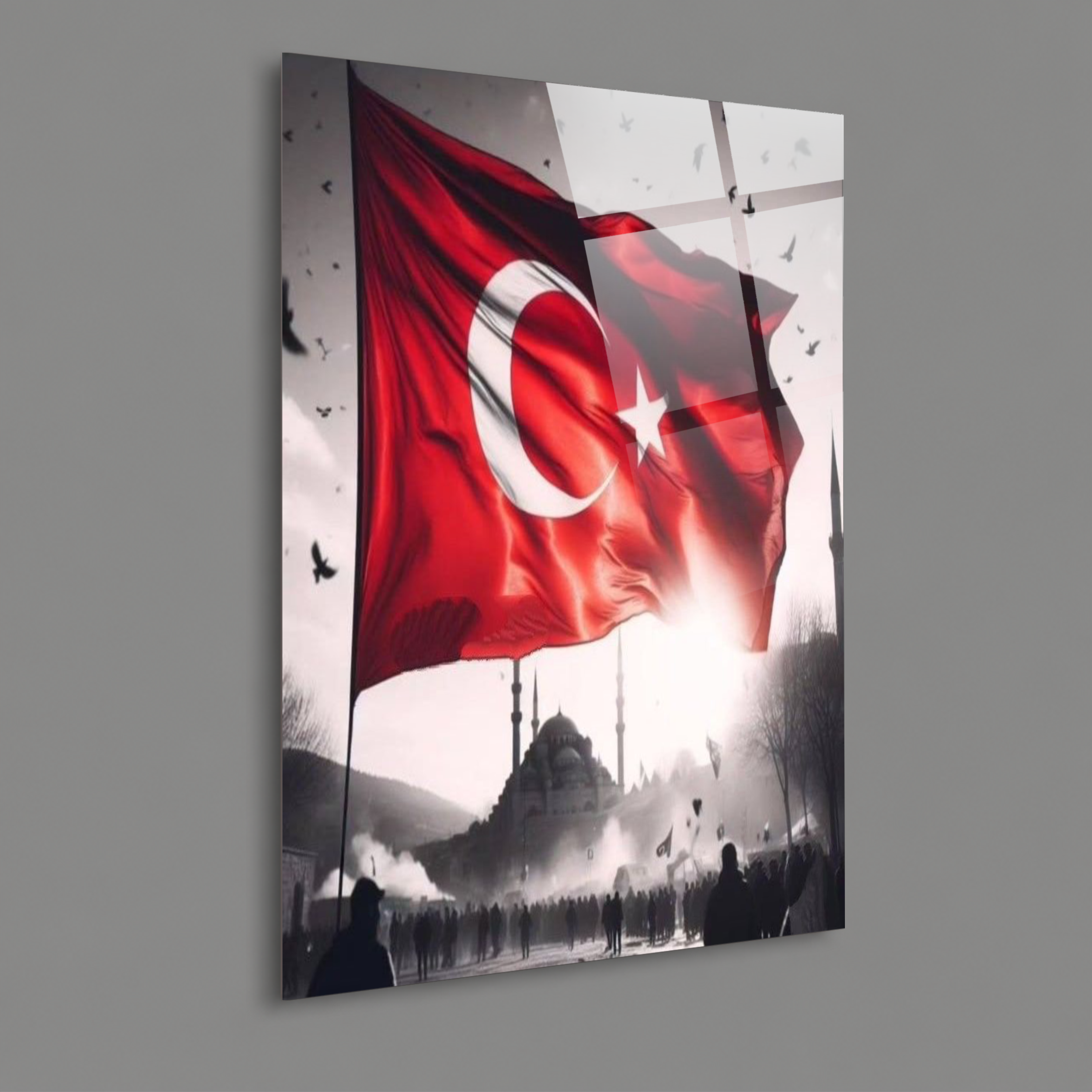 BAYRAK-14 Cami Silüeti Önünde Dalgalanan Türk Bayrağı Manzaralı Özel Duvar Tasarımı