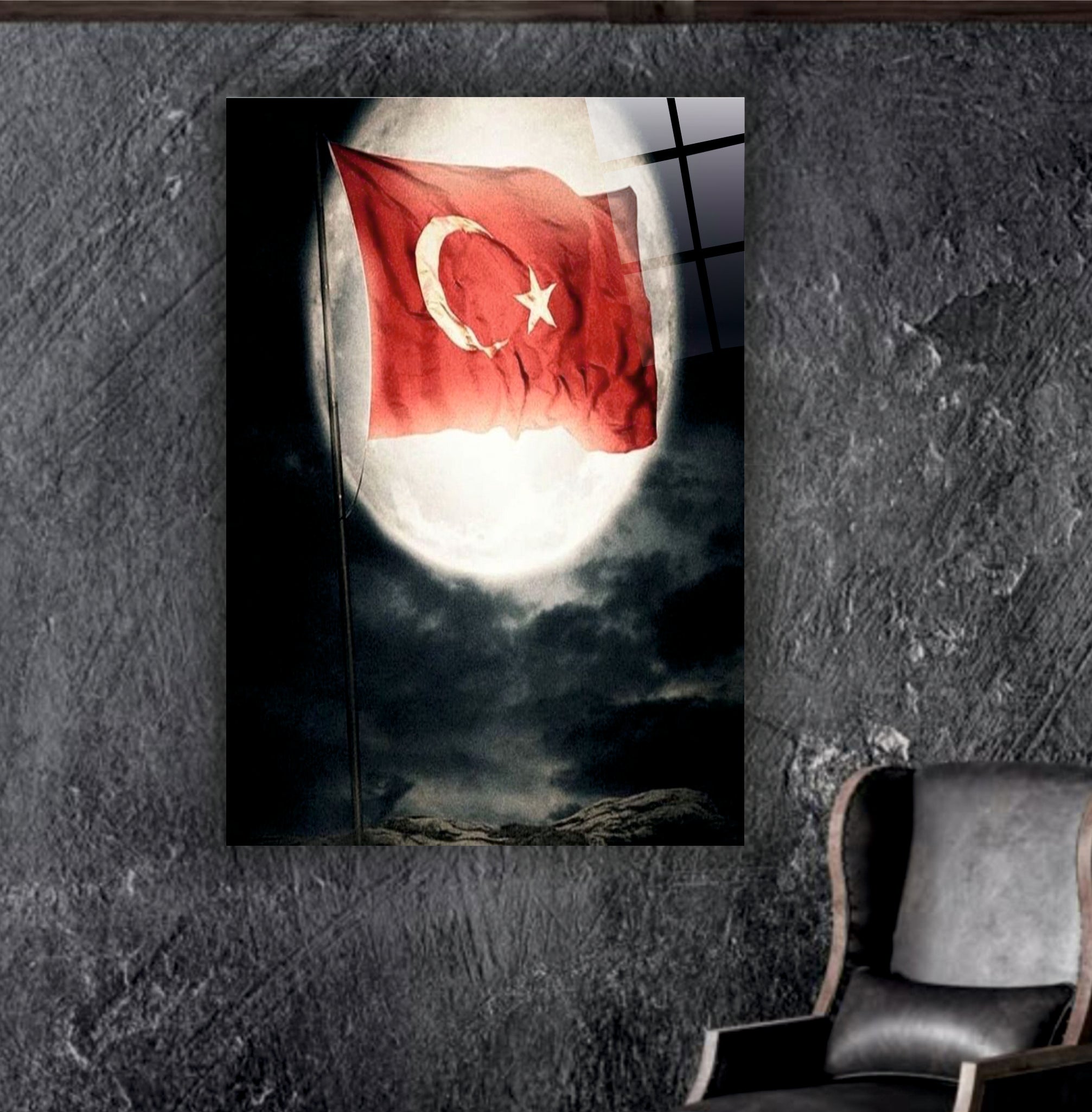 BAYRAK-15 Dolunay Önünde Dalgalanan Türk Bayrağı Gece Manzaralı Özel Duvar Tasarımı