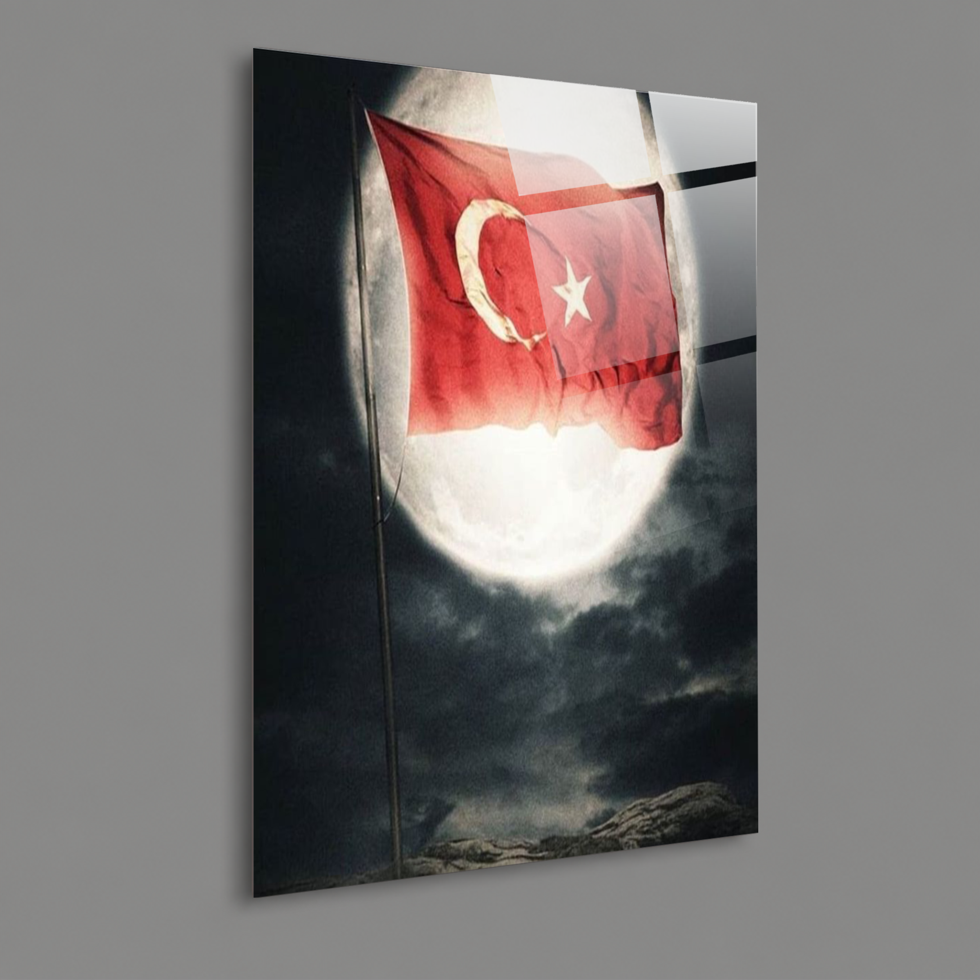 BAYRAK-15 Dolunay Önünde Dalgalanan Türk Bayrağı Gece Manzaralı Özel Duvar Tasarımı