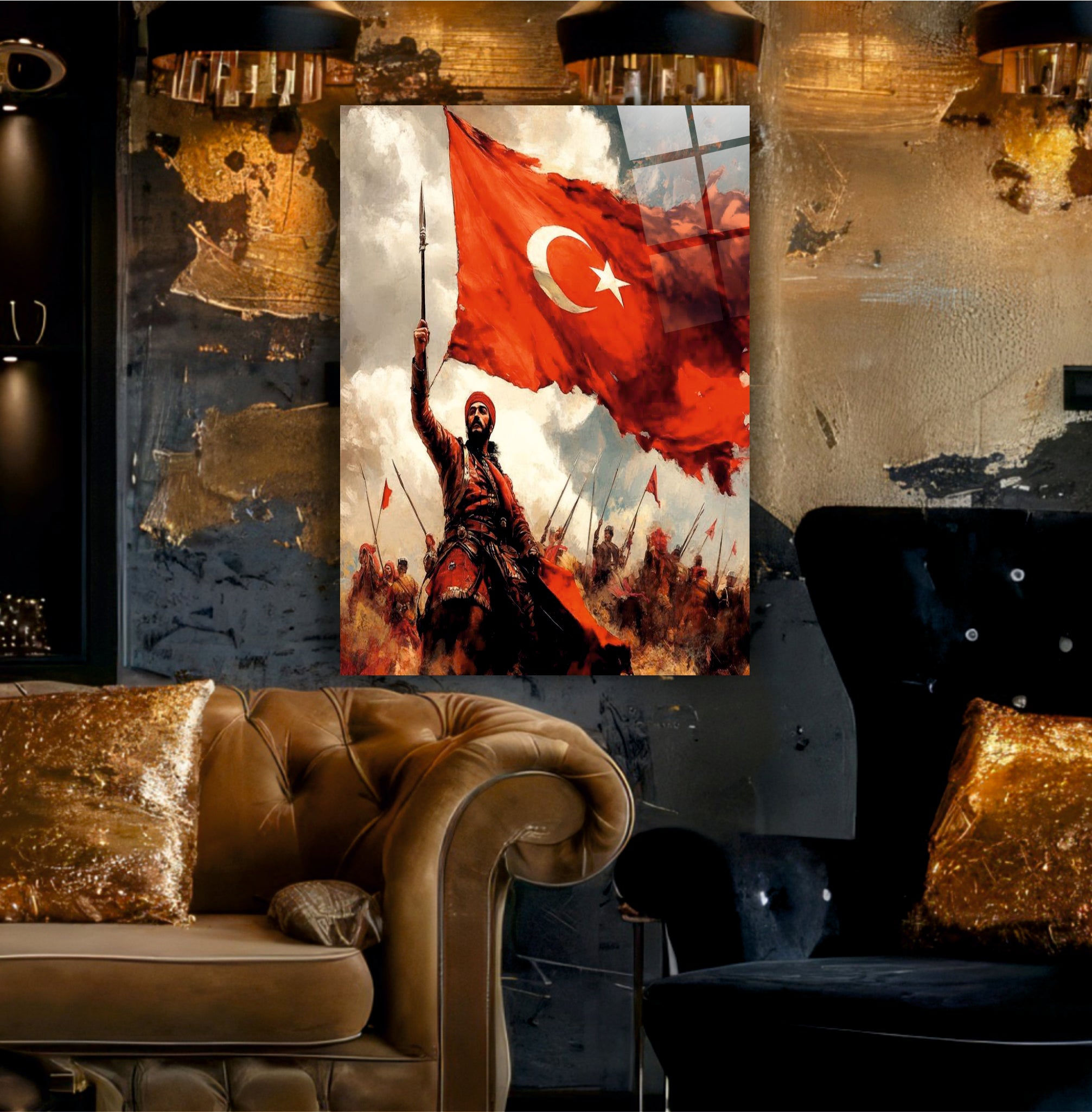 BAYRAK-18 Türk Bayrağını Taşıyan Savaşçı Temalı Tarihi Özel Duvar Tasarımı