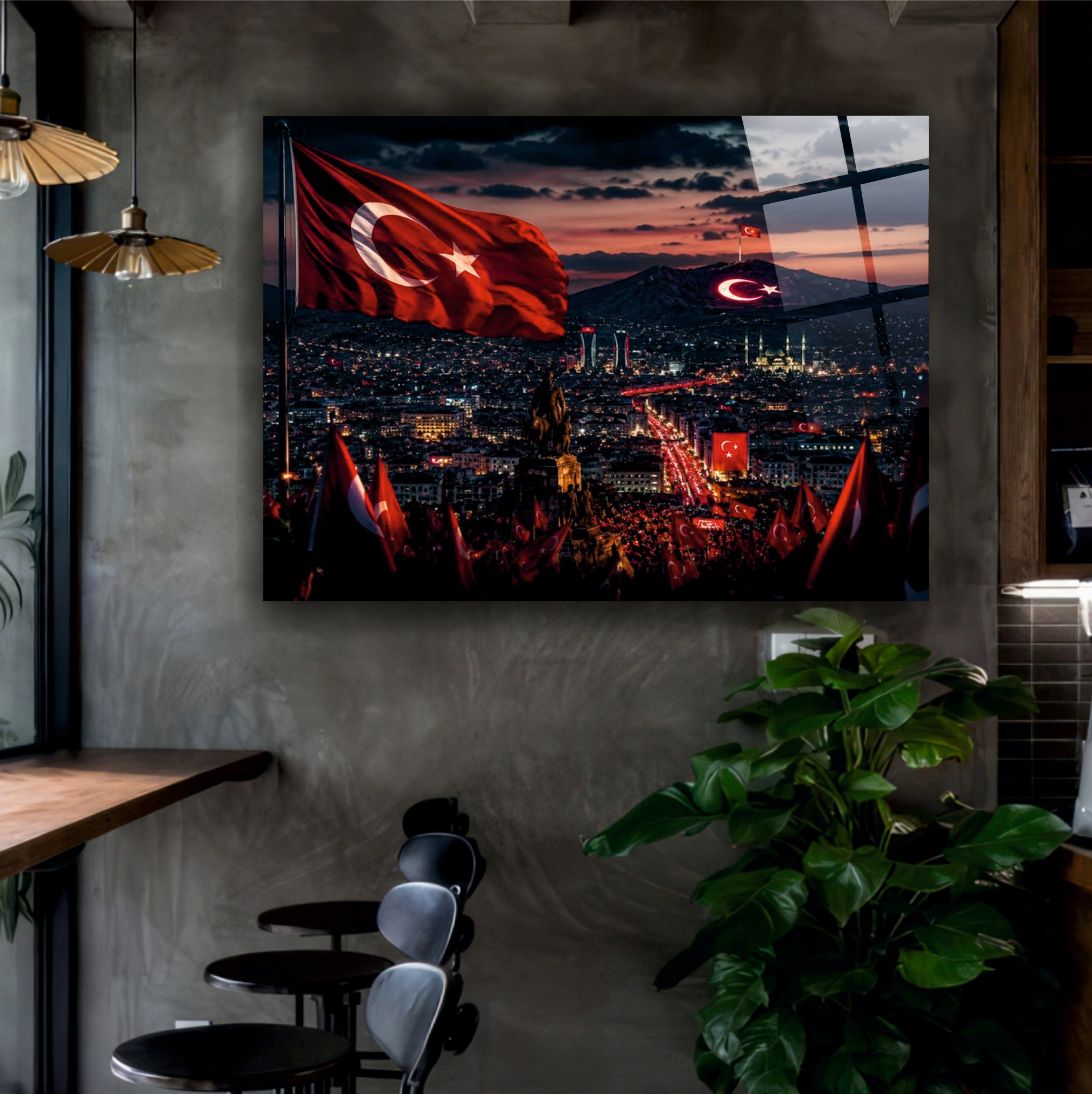BAYRAK-22 Gece Şehir Manzarasında Dalgalanan Türk Bayrağı Temalı Özel Duvar Tasarımı