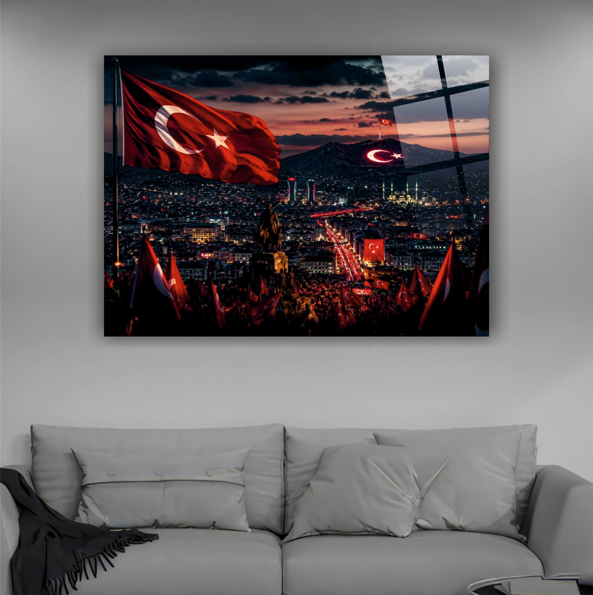 BAYRAK-22 Gece Şehir Manzarasında Dalgalanan Türk Bayrağı Temalı Özel Duvar Tasarımı