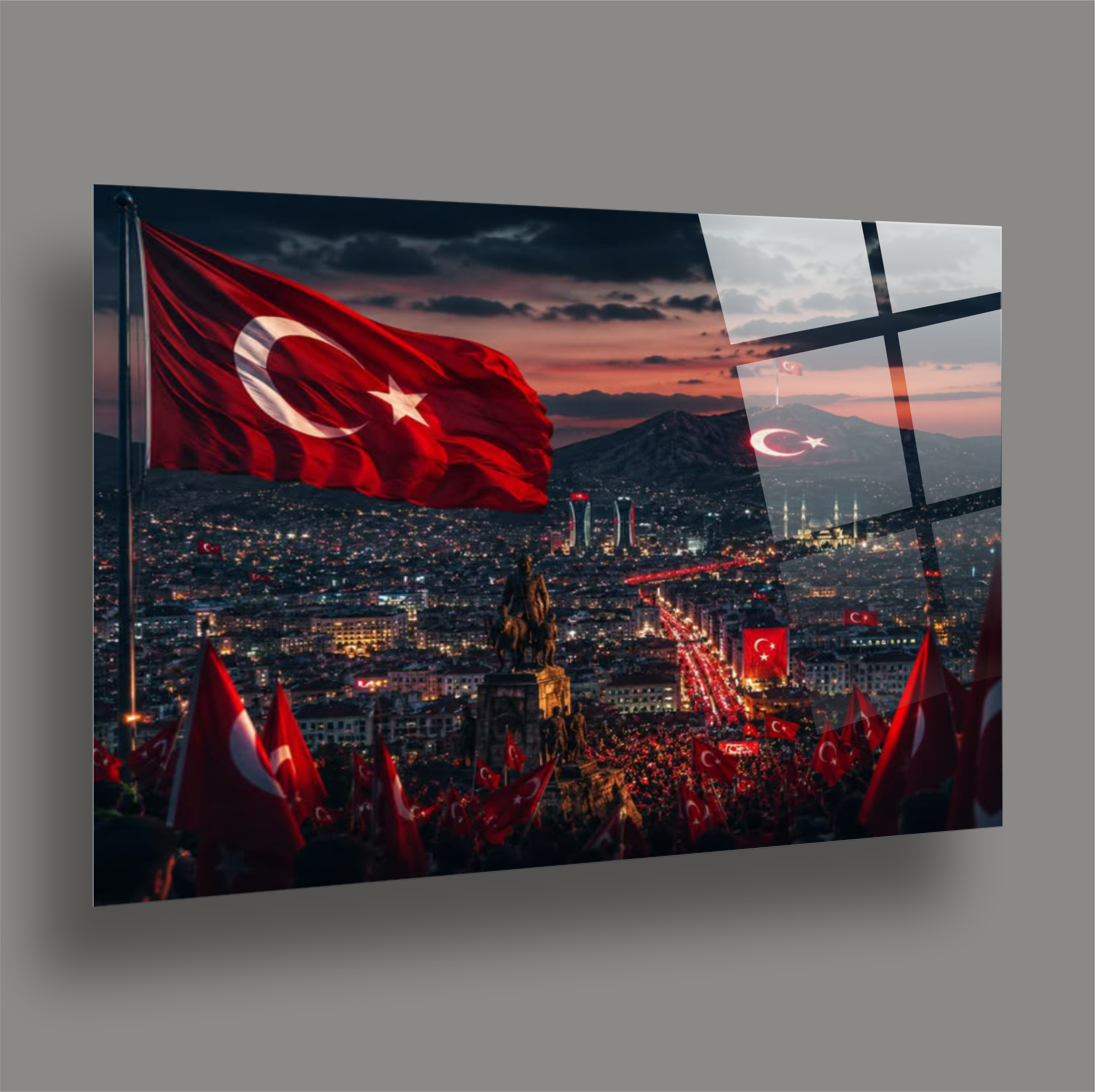 BAYRAK-22 Gece Şehir Manzarasında Dalgalanan Türk Bayrağı Temalı Özel Duvar Tasarımı