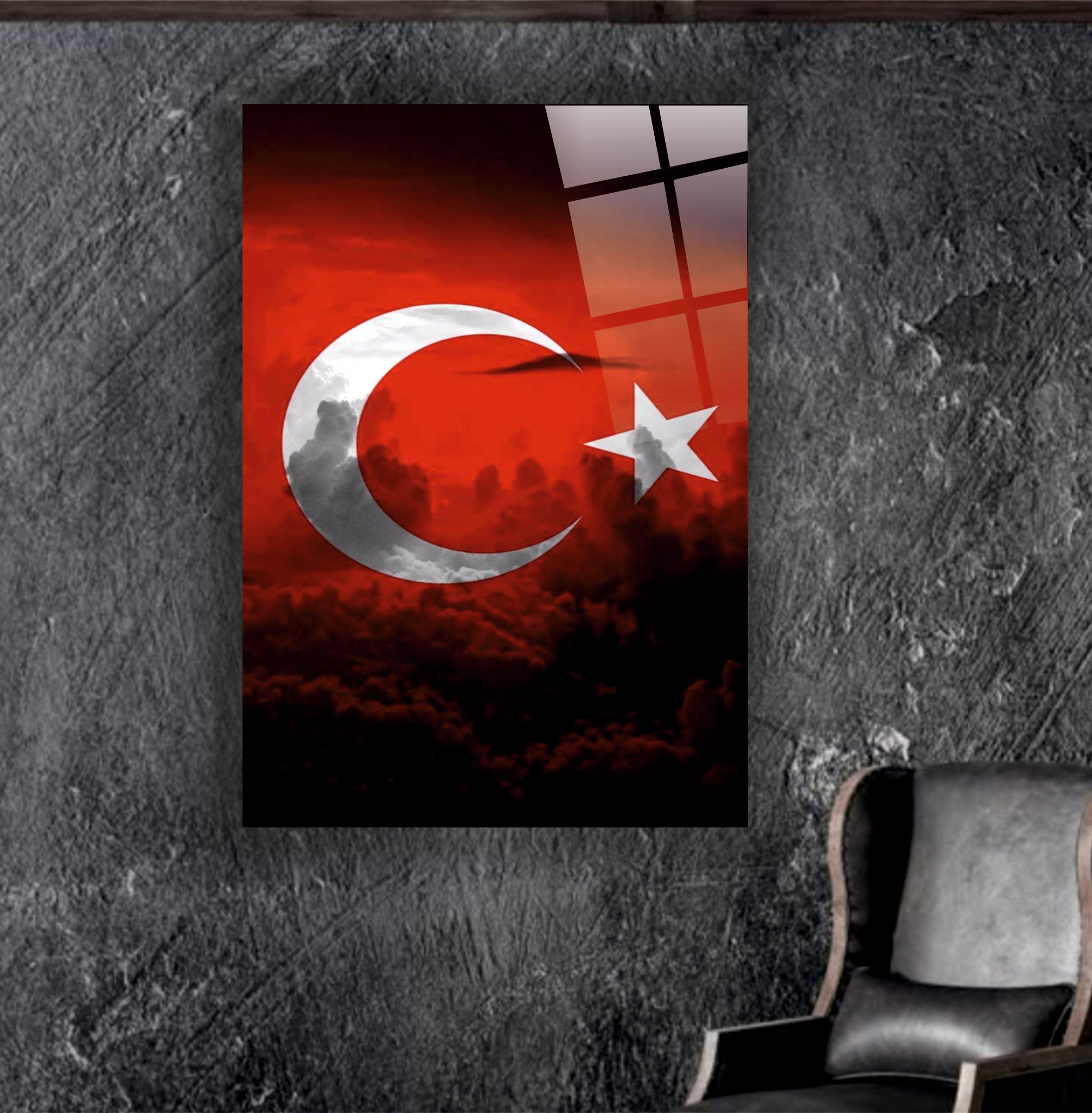 BAYRAK-26 Bulutlar Arasında Hilal ve Yıldız Temalı Dekoratif Cam Duvar Tasarımı