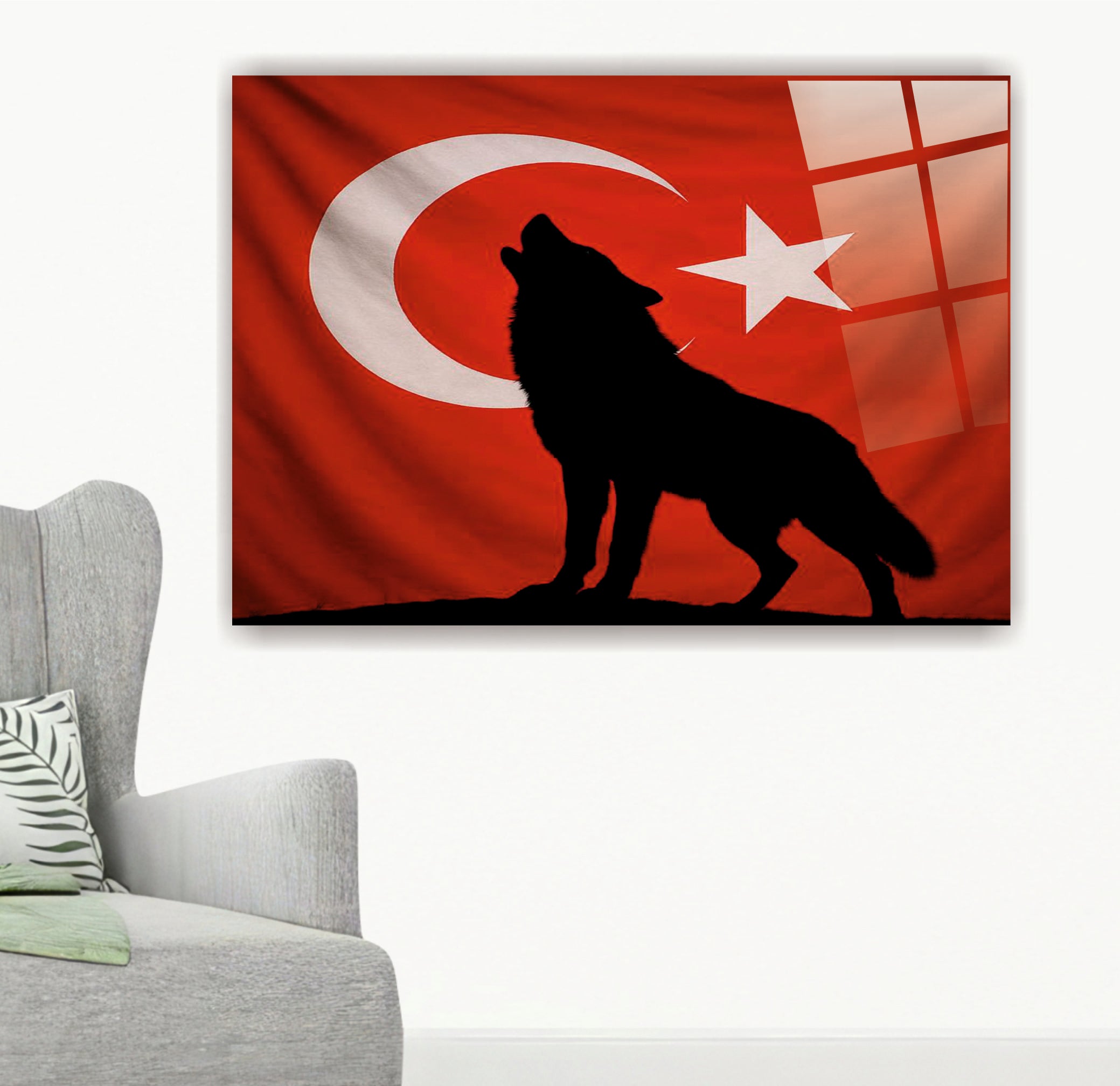 BAYRAK-3 Türk Bayrağı Önünde Uluyan Bozkurt Silüeti Kırmızı Zemin Duvar Tablosu
