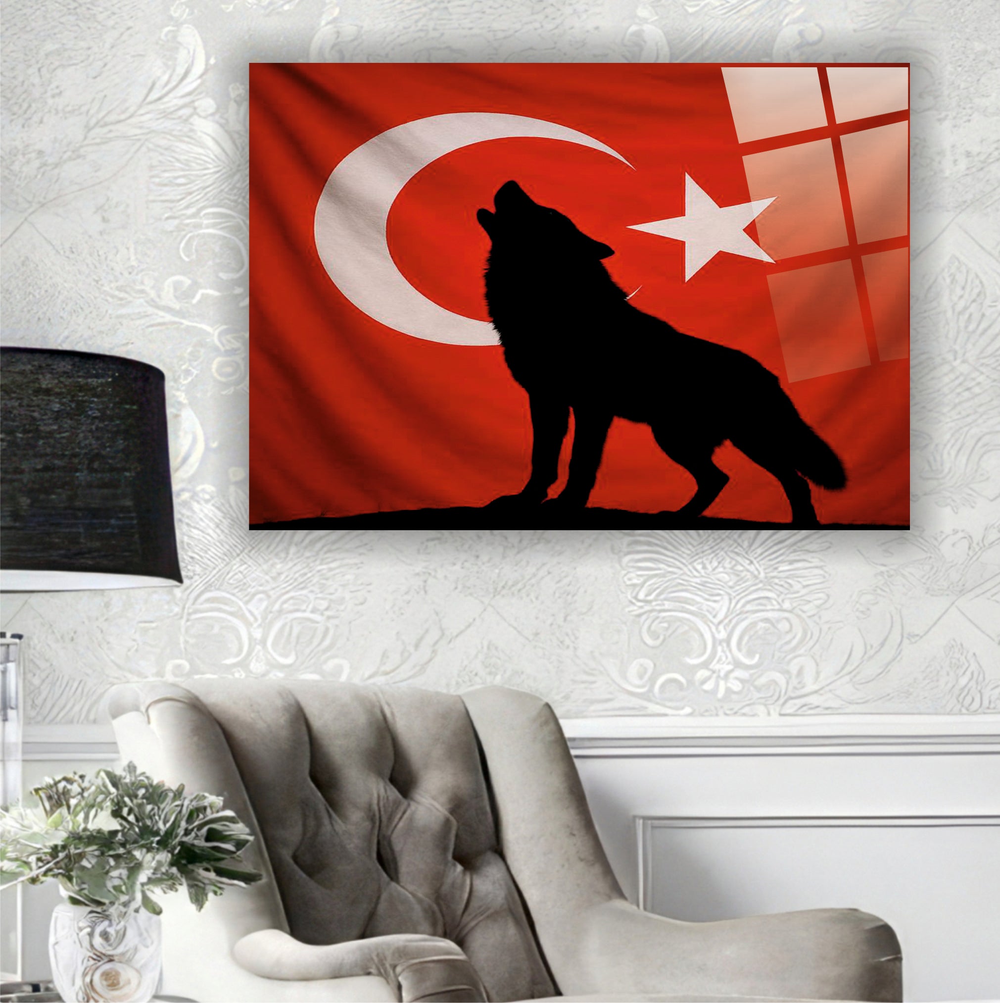 BAYRAK-3 Türk Bayrağı Önünde Uluyan Bozkurt Silüeti Kırmızı Zemin Duvar Tablosu