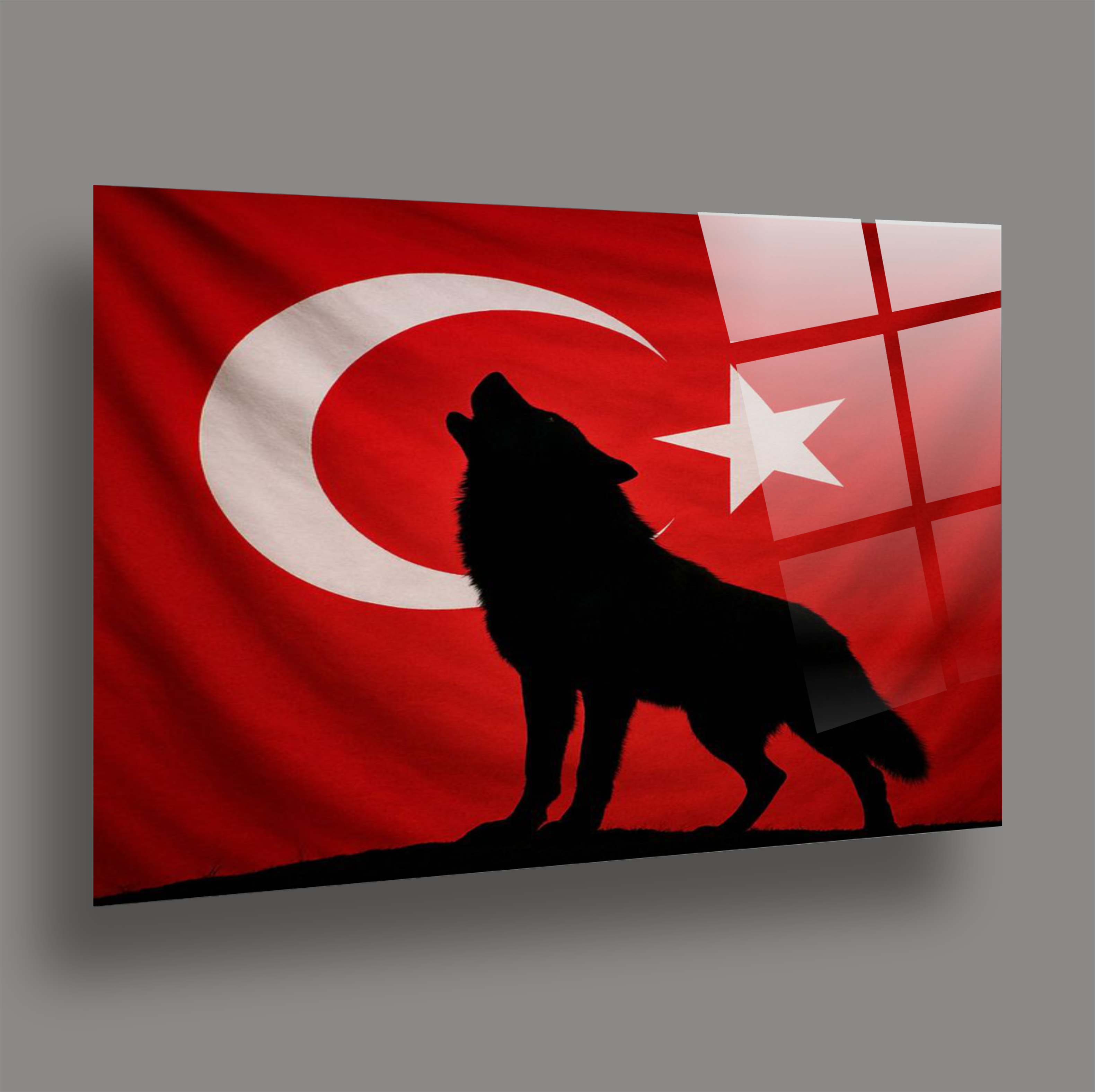 BAYRAK-3 Türk Bayrağı Önünde Uluyan Bozkurt Silüeti Kırmızı Zemin Duvar Tablosu