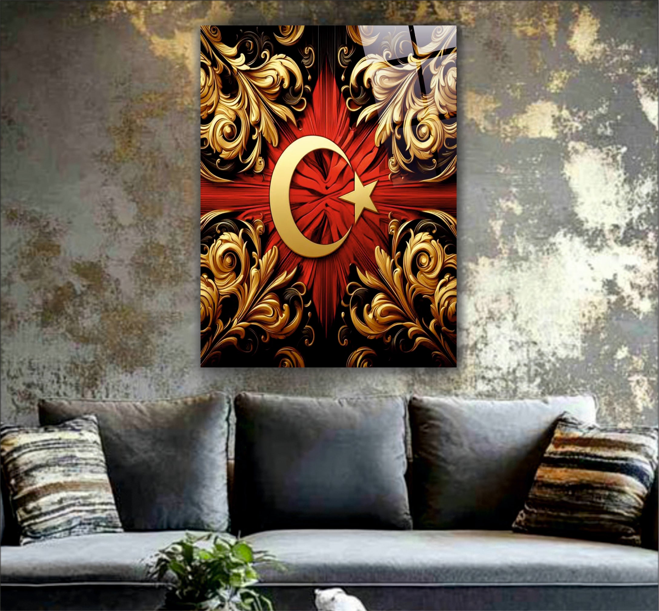 BAYRAK-30 Altın Hilal ve Yıldız Motifli Osmanlı Desenli Dekoratif Cam Tablo