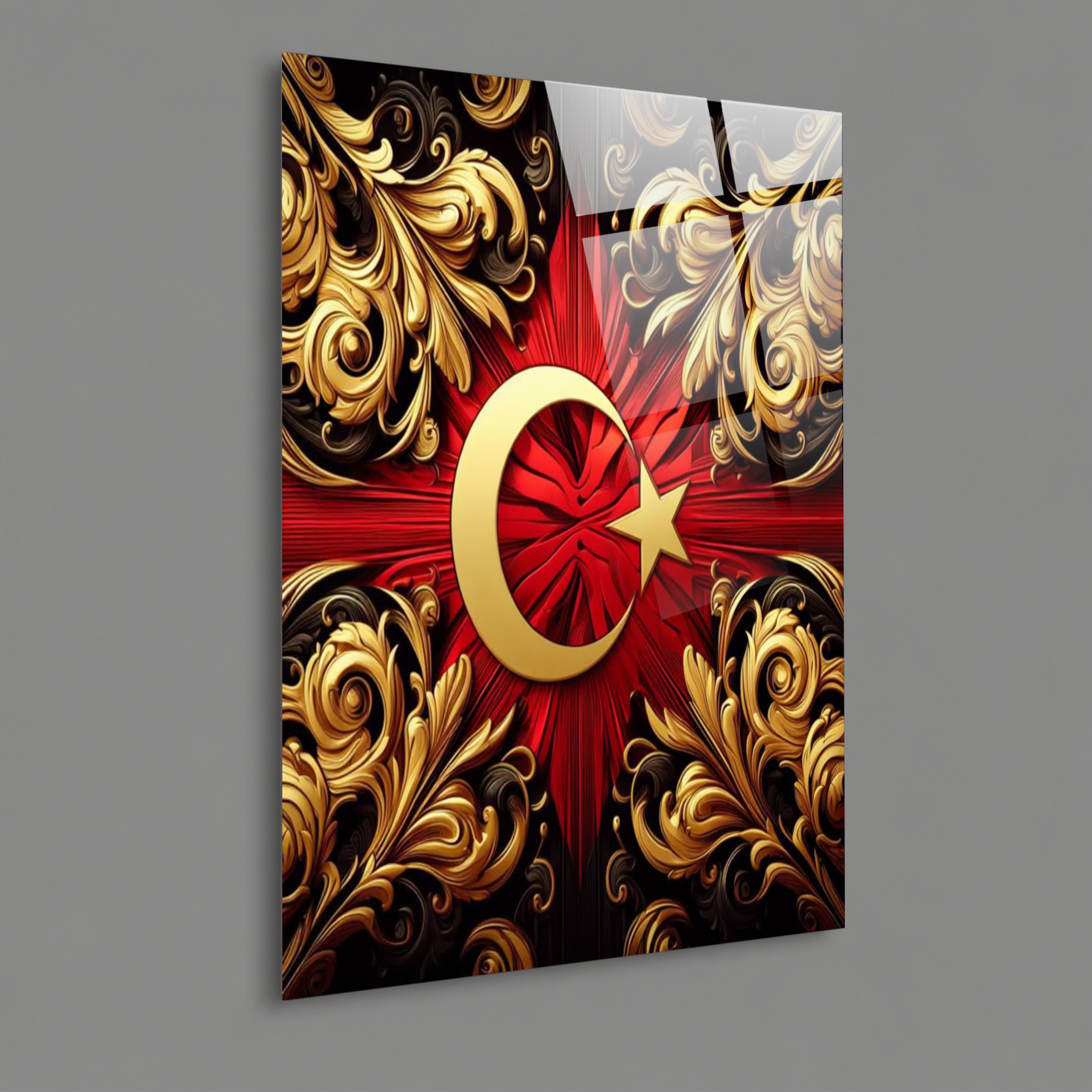 BAYRAK-30 Altın Hilal ve Yıldız Motifli Osmanlı Desenli Dekoratif Cam Tablo