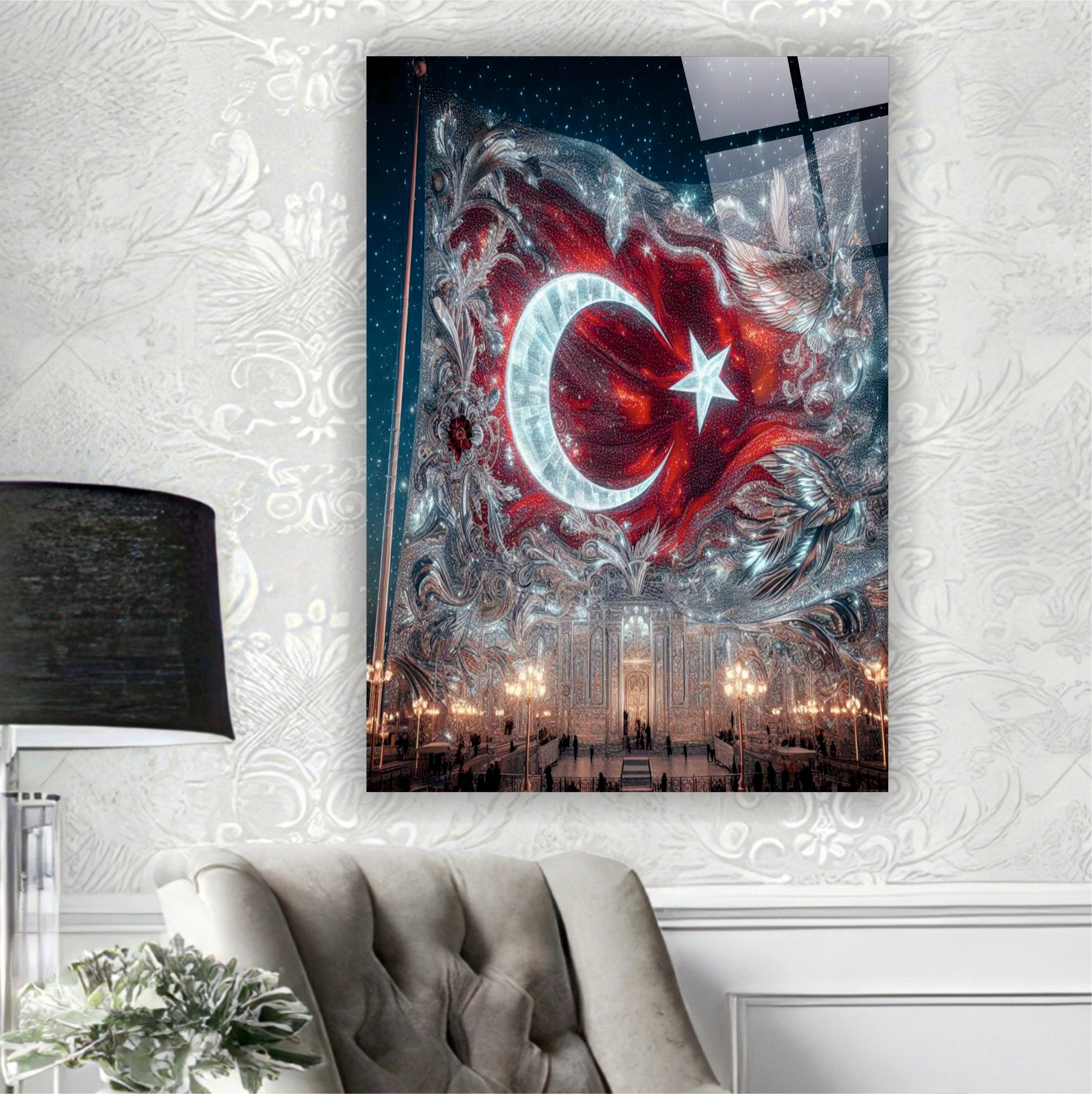 BAYRAK-31 Kristal Hilal Yıldız ve Osmanlı Motifli Dekoratif Cam Tablo Tasarımı