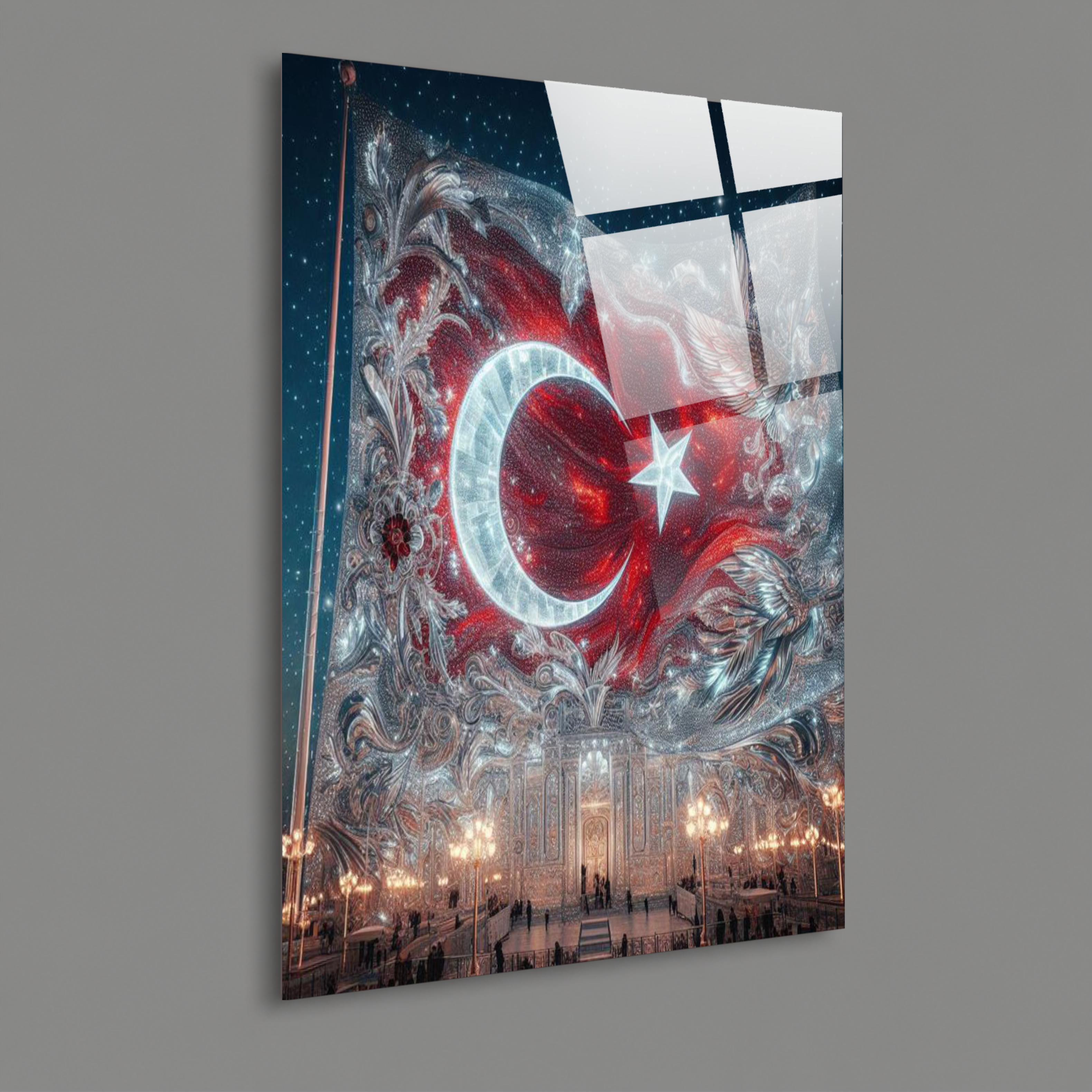 BAYRAK-31 Kristal Hilal Yıldız ve Osmanlı Motifli Dekoratif Cam Tablo Tasarımı