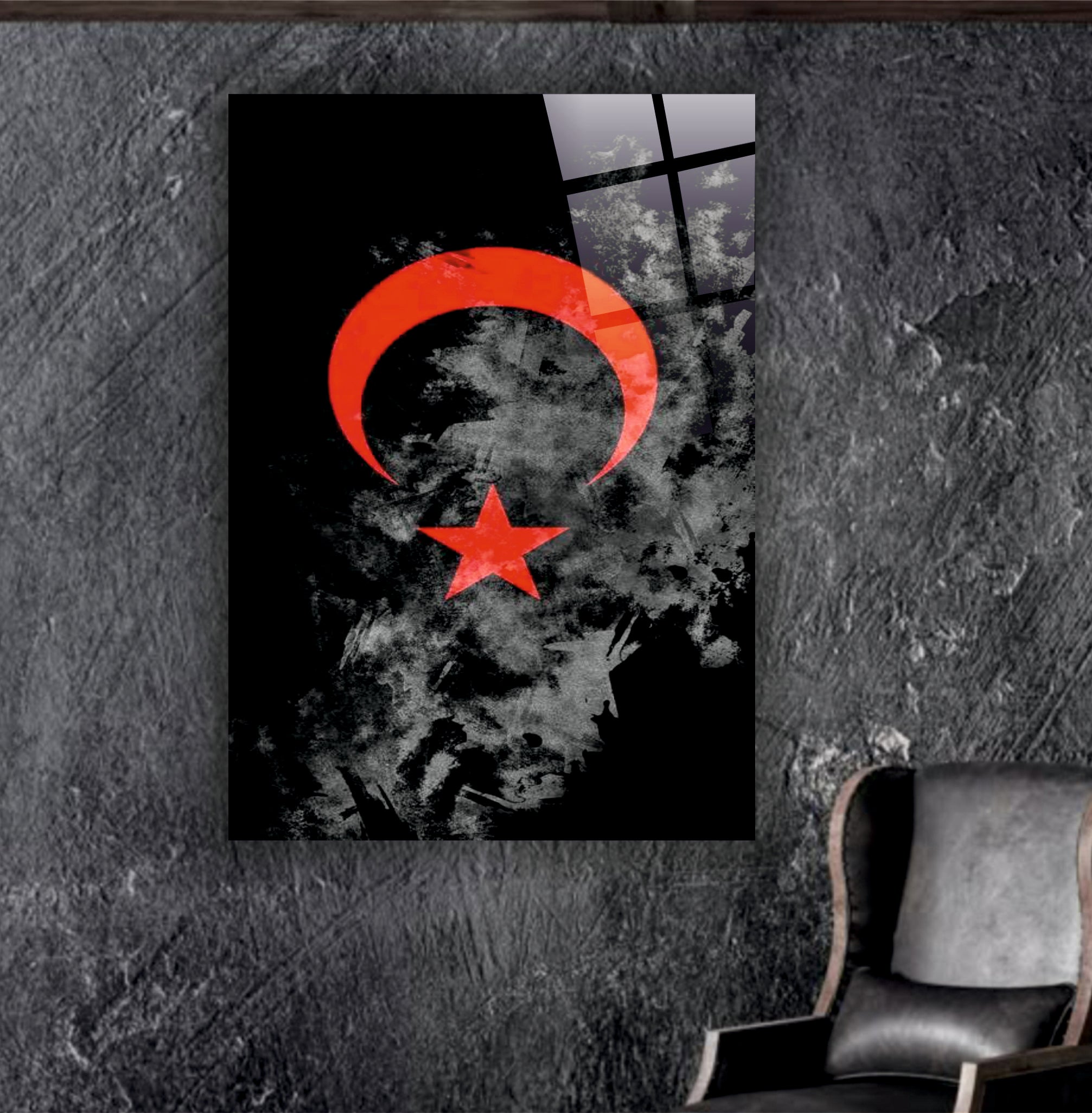 BAYRAK-33 Kırmızı Hilal ve Yıldız Desenli Modern Dekoratif Cam Tablo Tasarımı