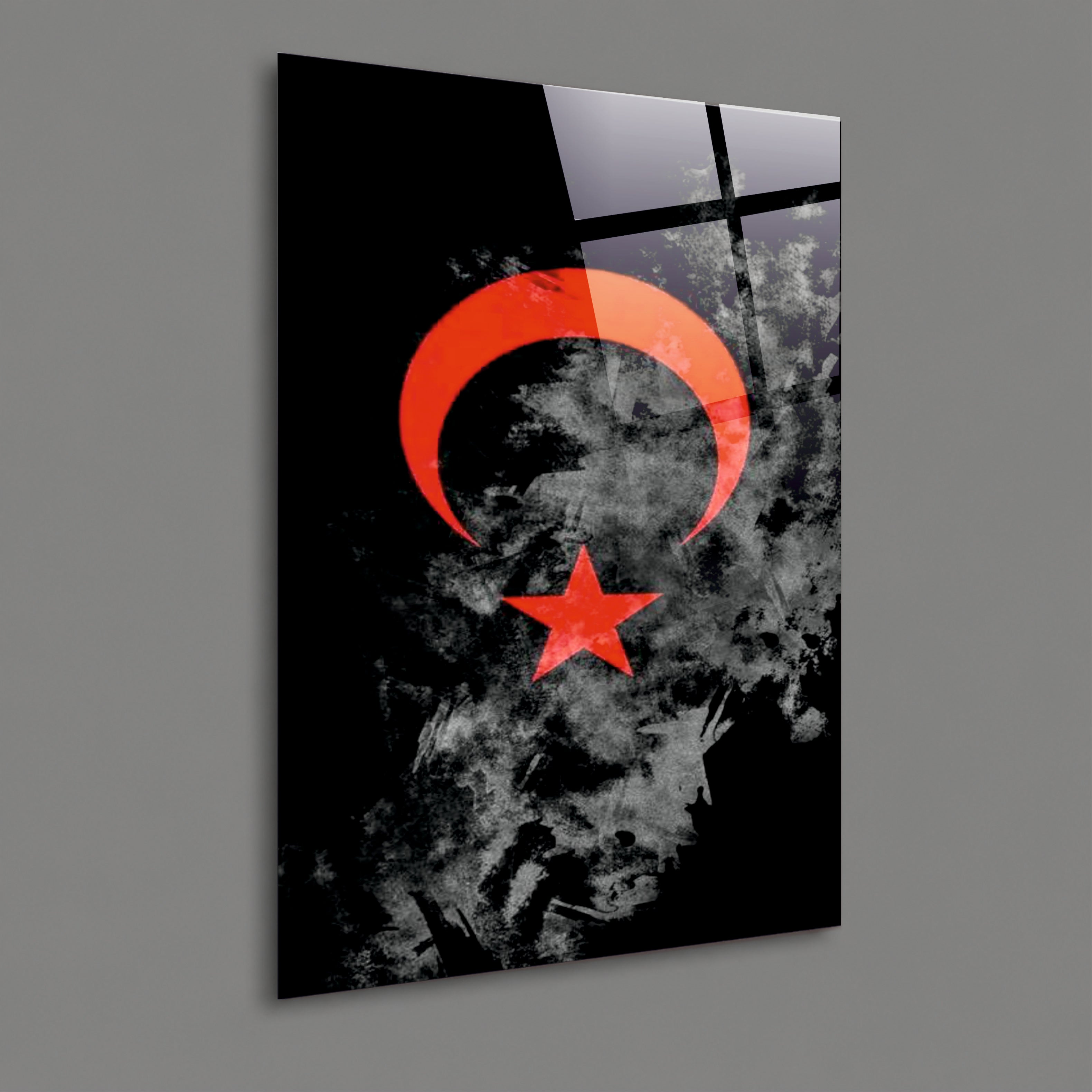 BAYRAK-33 Kırmızı Hilal ve Yıldız Desenli Modern Dekoratif Cam Tablo Tasarımı